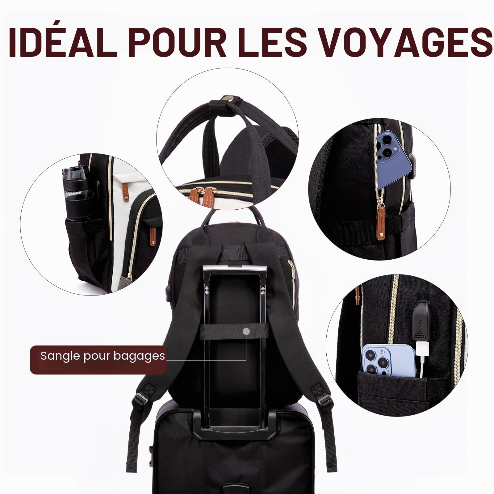 LOVEVOOK Sac à dos avec compartiment pour ordinateur portable - 39,62 cm - Étanche - Antivol - Pour femmes, filles, garçons, adolescents - Pour l'école, les voyages, le travail, beige noir