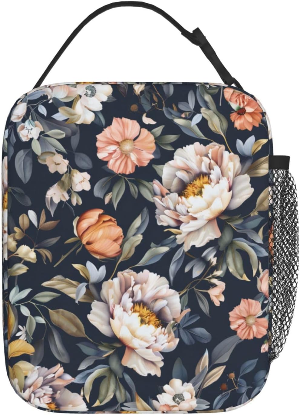 Reusable Floral Lunch Box for Kids Girls Boys Women Adult, Insulated Peony Lunch Bag,Polyester Cooler Flower Handbags Case for School Picnic Work Travel Beach or Hiking (Dark)