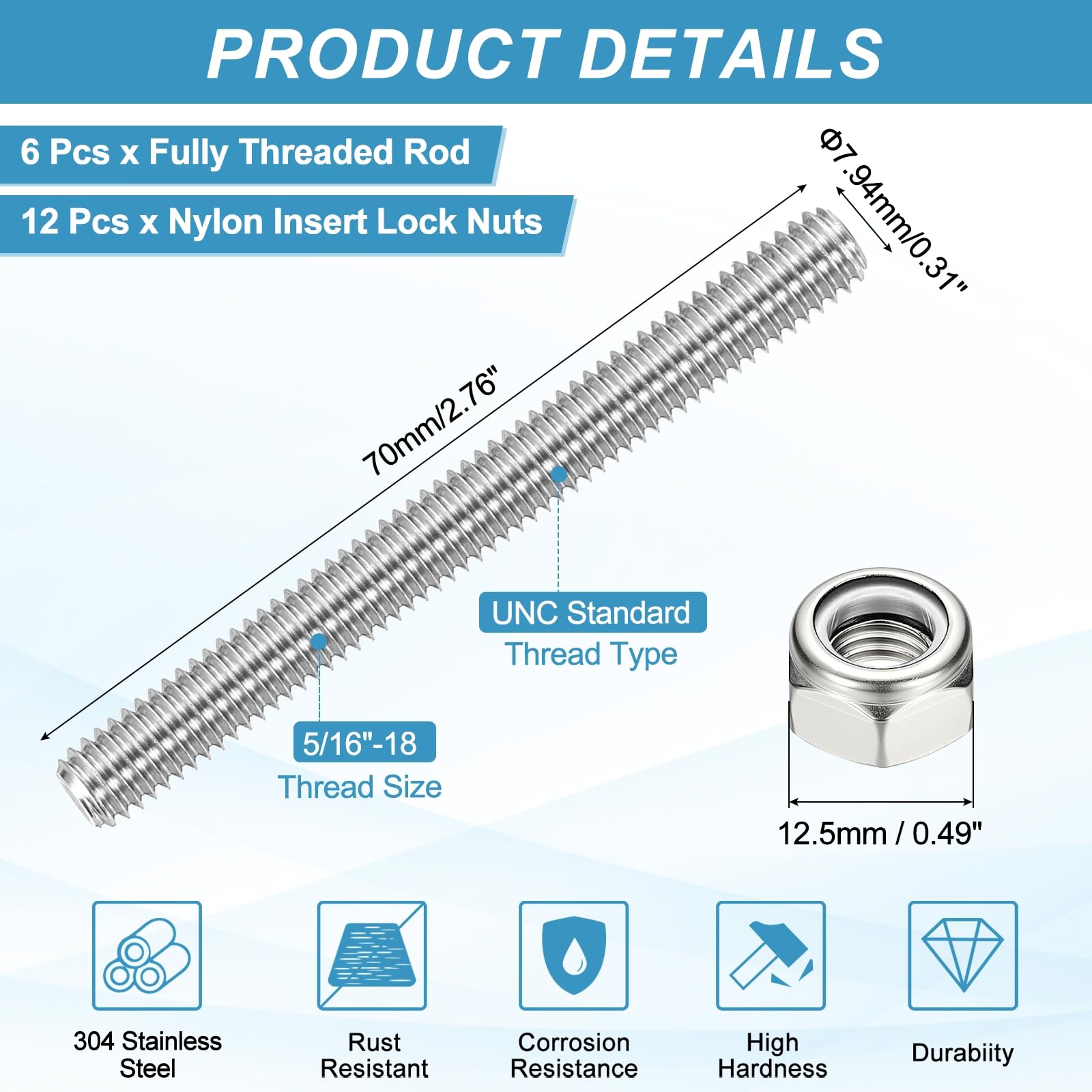 PATIKIL 6Pcs 5/16"-18x70mm Threaded Rods with Hex Nuts - Image 2