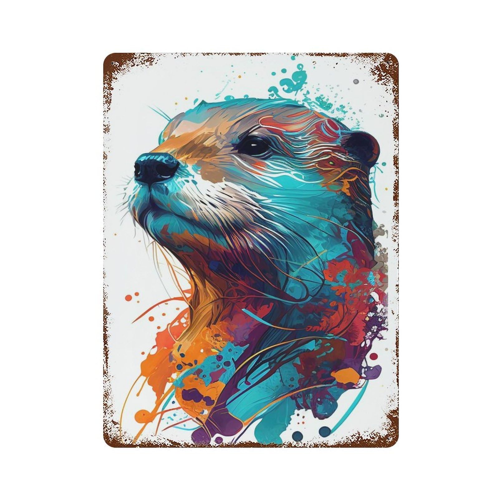 Colorful Otter Animals Weathered Tin Sign 15.7"x11.8", Rustic Home Decor for Office, Studio And Wall Decor