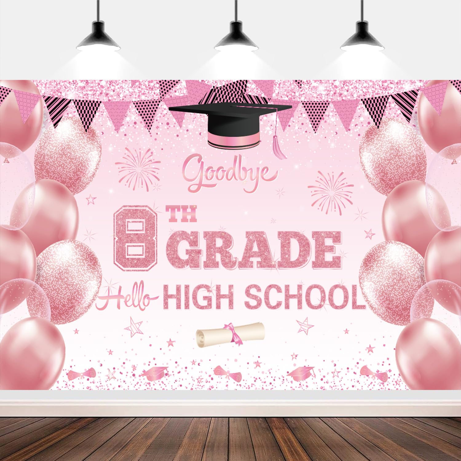 XtraLarge Goodbye 8th Grade Hello High School Banner – 71’’ x 43’’ Class of 2026 Decorations, Pink Classroom Banner, Graduation Party Supplies, Photo