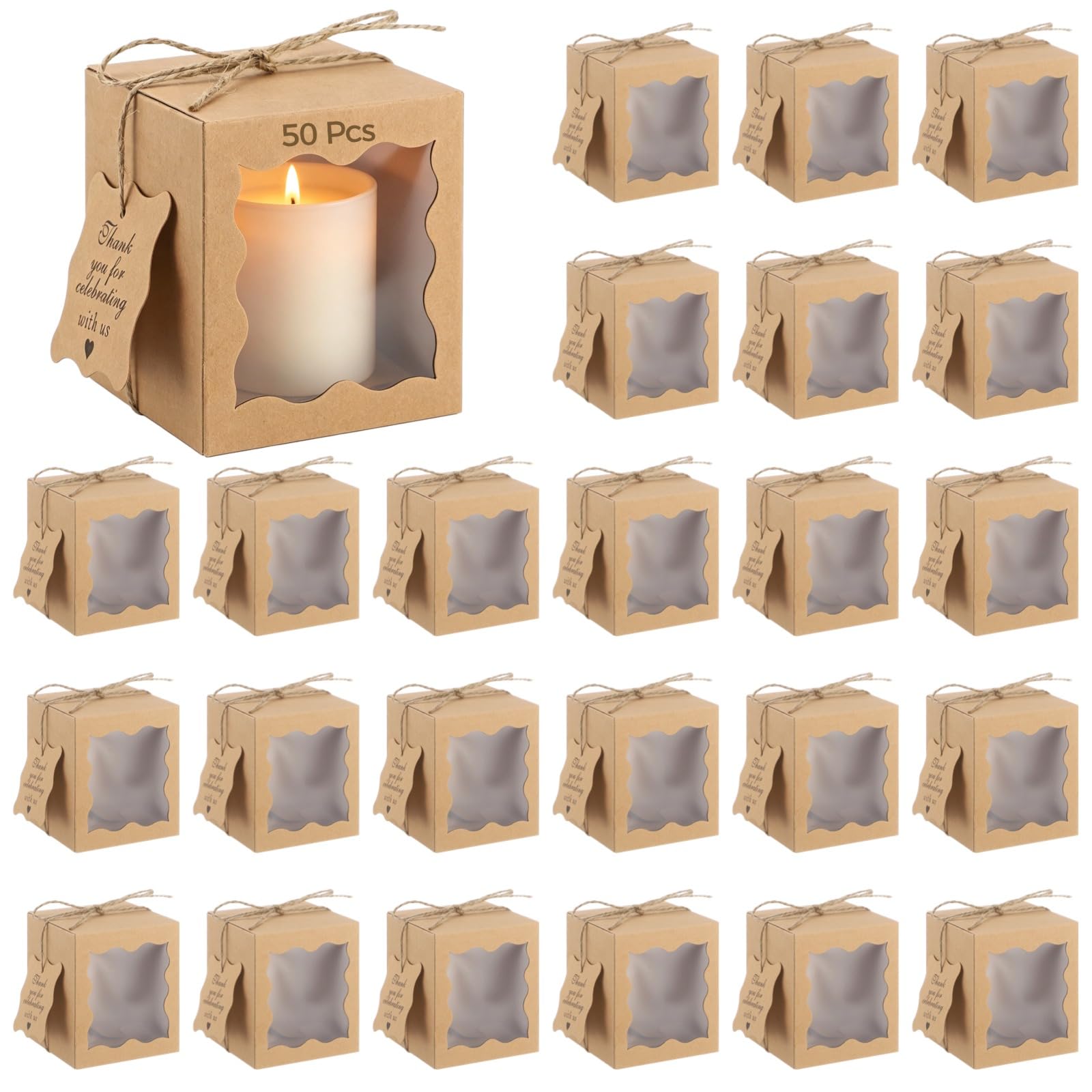 50er-Set Kerzen-Geschenkboxen, Papier-Geschenkverpackungsboxen mit transparentem Fenster, Dankeschön-Anhängern und Juteschnur, ideal für Hochzeiten, Partys, Brautpartys, Khaki