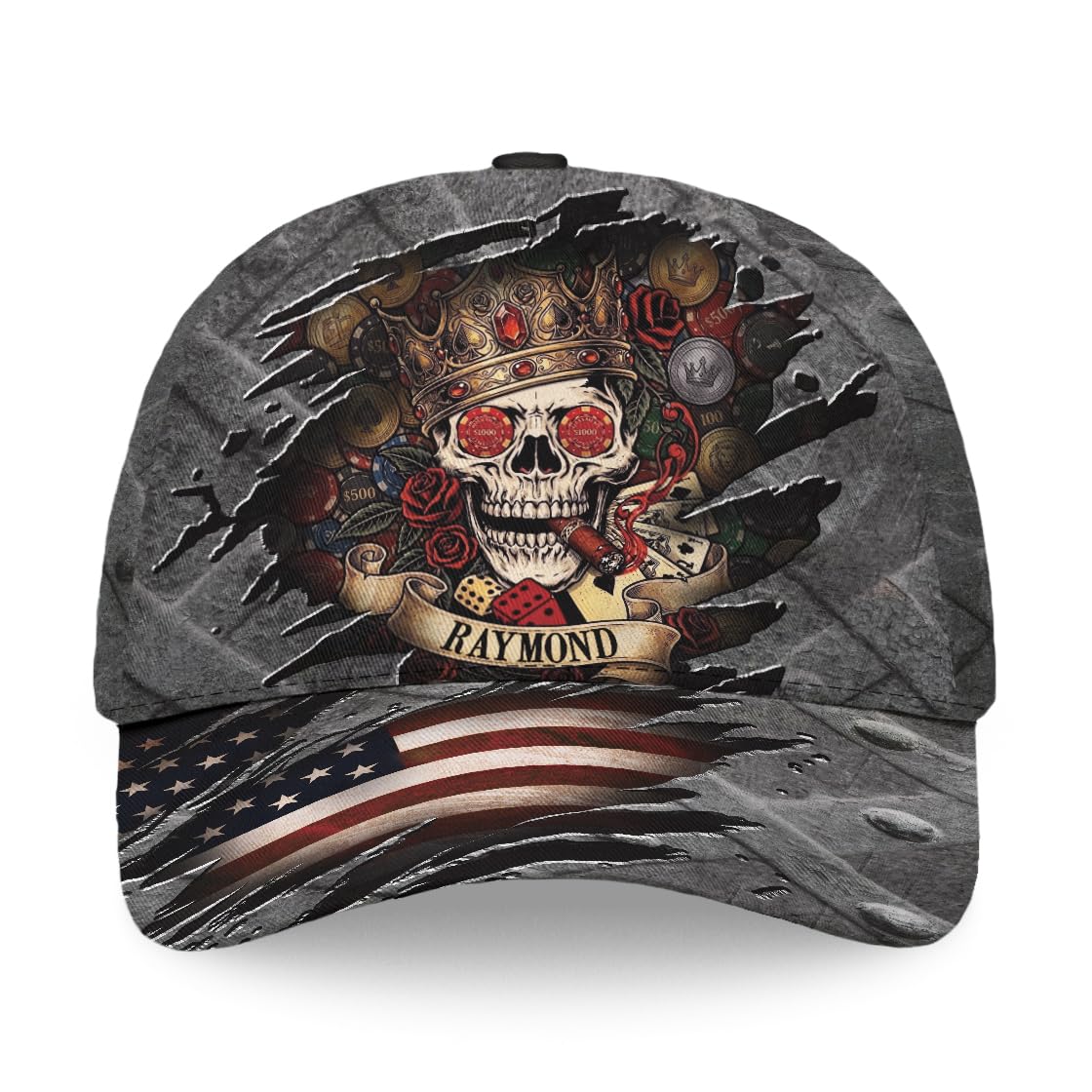 Skull Baseball Cap for Men, Grim Reaper Death Crack Old Metal with Flag, Men's Hat, Adjustable Motorcycle Soft Caps