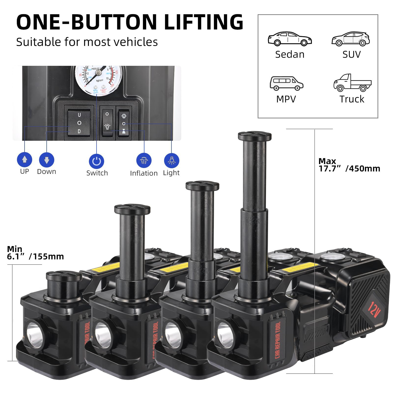 5 Tonnen Elektrischer Wagenheber Set mit Pumpe, 12 V tragbarer hydraulischer Wagenheber mit LED-Licht für SUV MPV Limousine | Hubhöhe Bereich von 6 bis 17,7