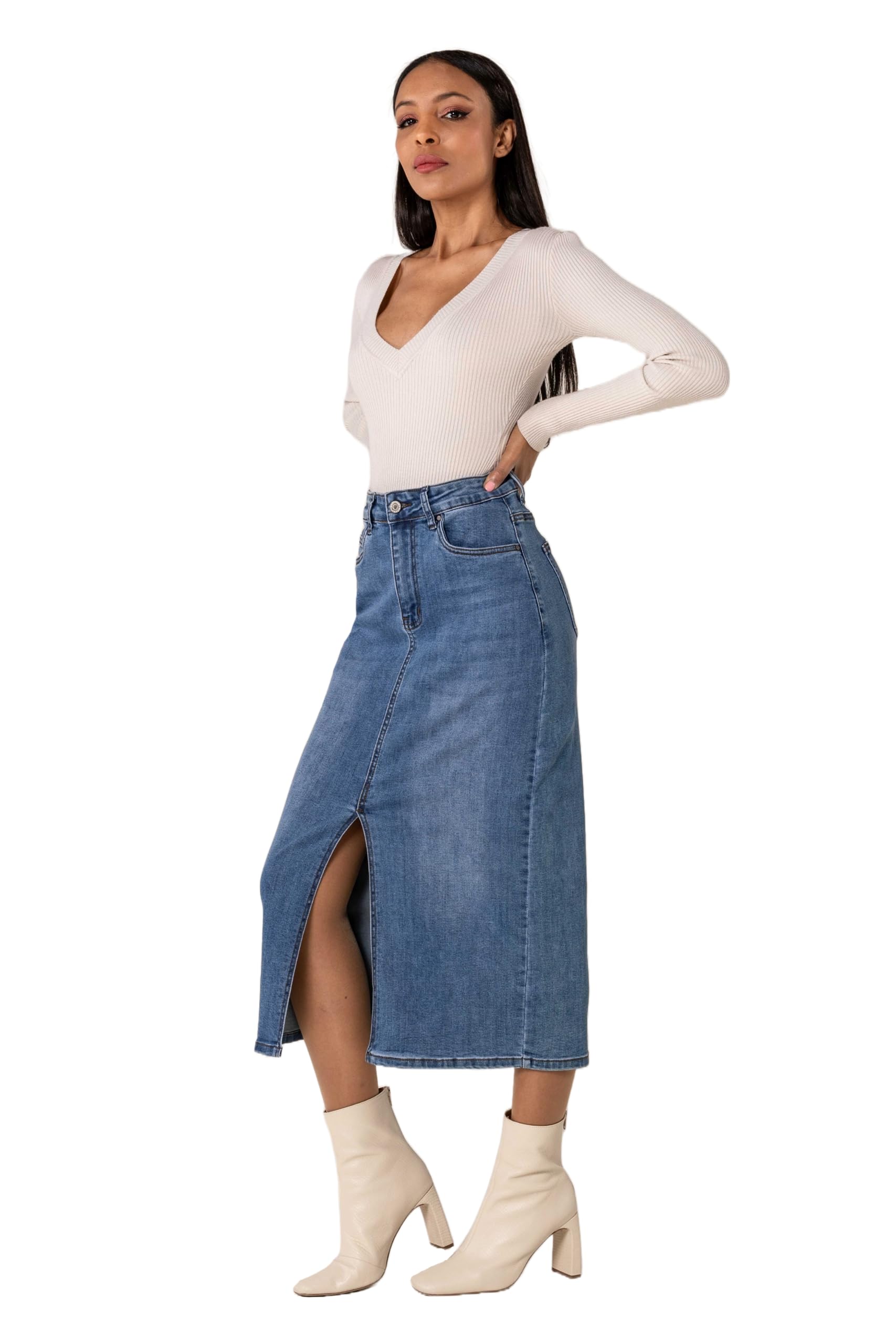 Nina Carter P215 Damen Jeansrock High Waist – Langer Stretch-Rock mit Schlitz vorne, Used Look, Wadenlang mit Reißverschluss