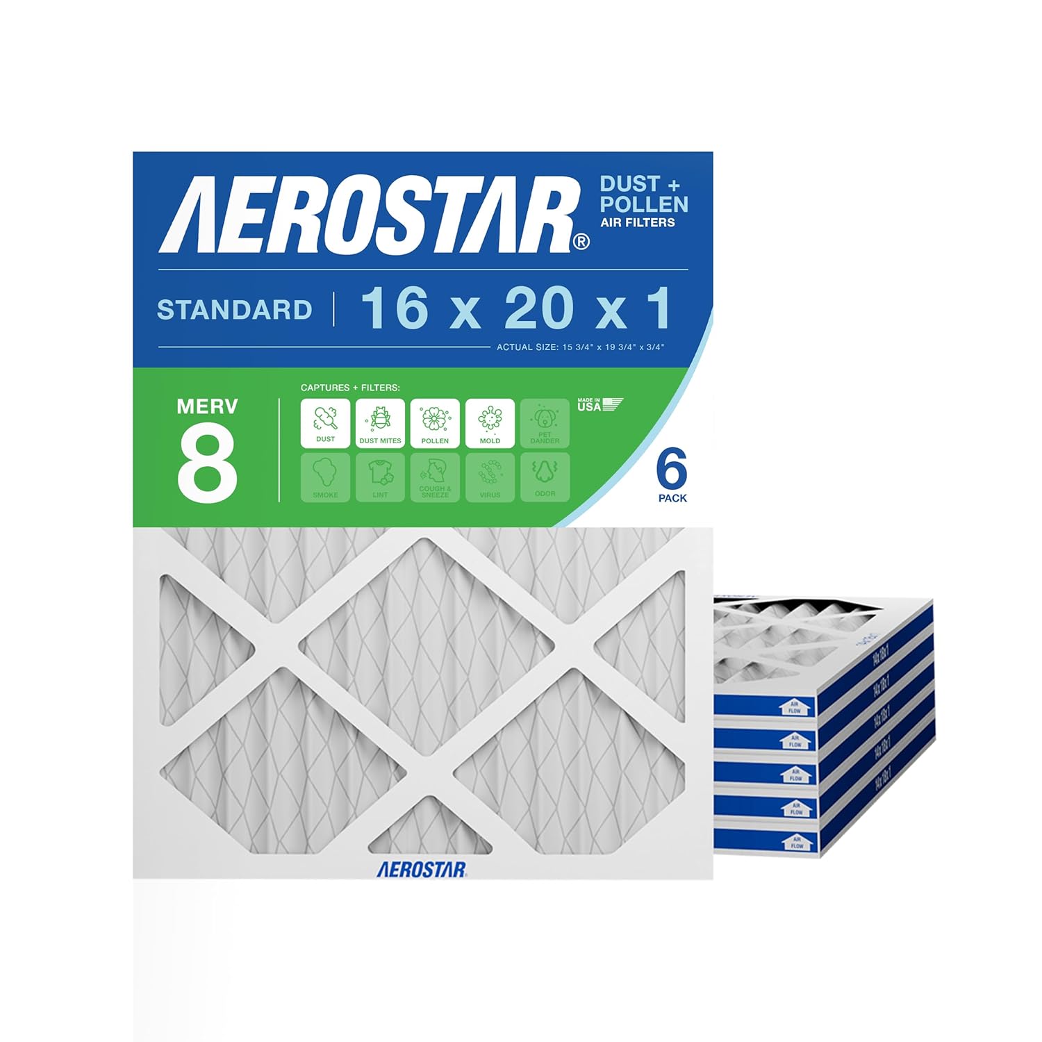 Aerostar 16x20x1 MERV 8 Air Filter, 6 Count, ACTUAL SIZE (15.50 x 19.50 x 0.75 ), HVAC, Air Conditioning & Furnace Filter Captures Dust, Lint & Pollen (MPR 600 / FPR 5), Made in USA