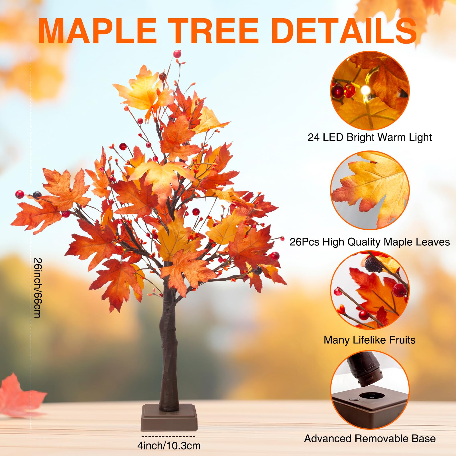 2024 Fall Decor, 26in Maple Trees with Lights, USB/Battery Autumn Decor Fall Decorations for Home, Thanksgiving Decorations Fall Home Decor,24LED Fall Tree with Lights for Fall Kitchen Room Decor