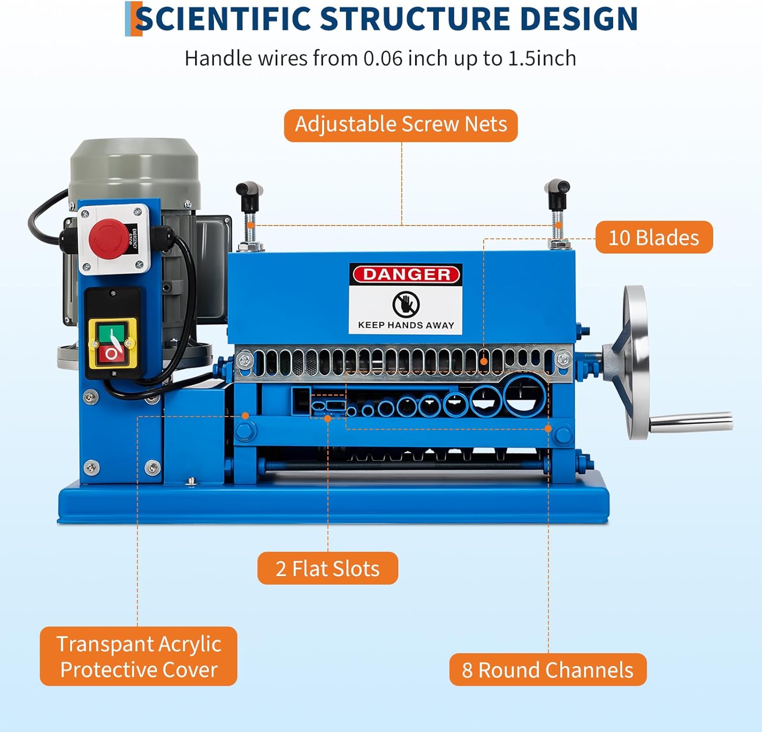 Wire Stripping Machine, 0.06"-1.5" Automatic & Manual Copper Wire Stripper, 370W Motor, 11 Channels 10 Blades, 88 Ft/Min for Scrap Wire Recycling, Industrial & DIY Use