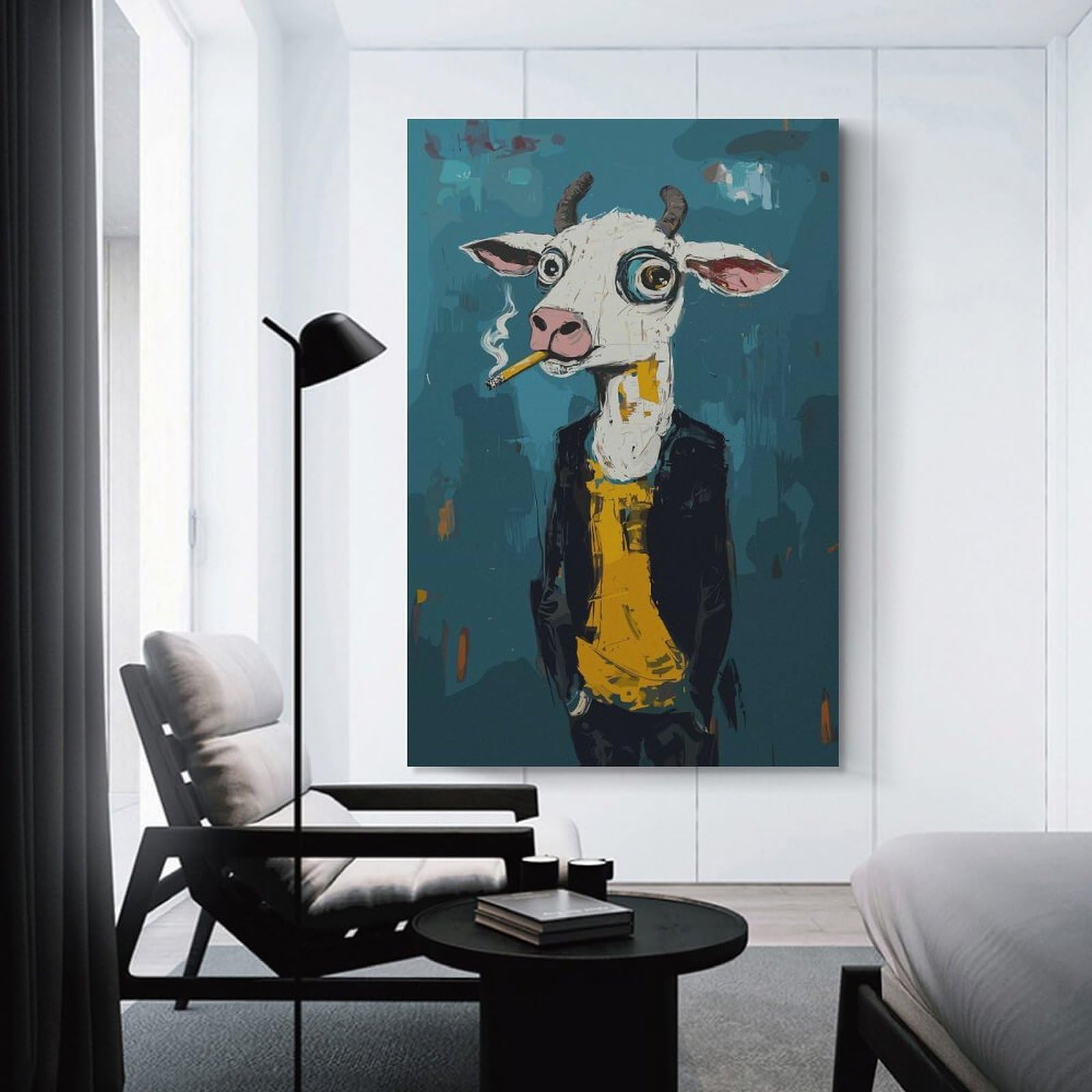 Junmoney Unframe-Style-4 Cool Cow With Cigarette Room Decor Wall Art 24X36inch(60X90cm), For Lounge Decor, Offices Or Entryway Styling, A Flexible Wall Accent For Shared Spaces