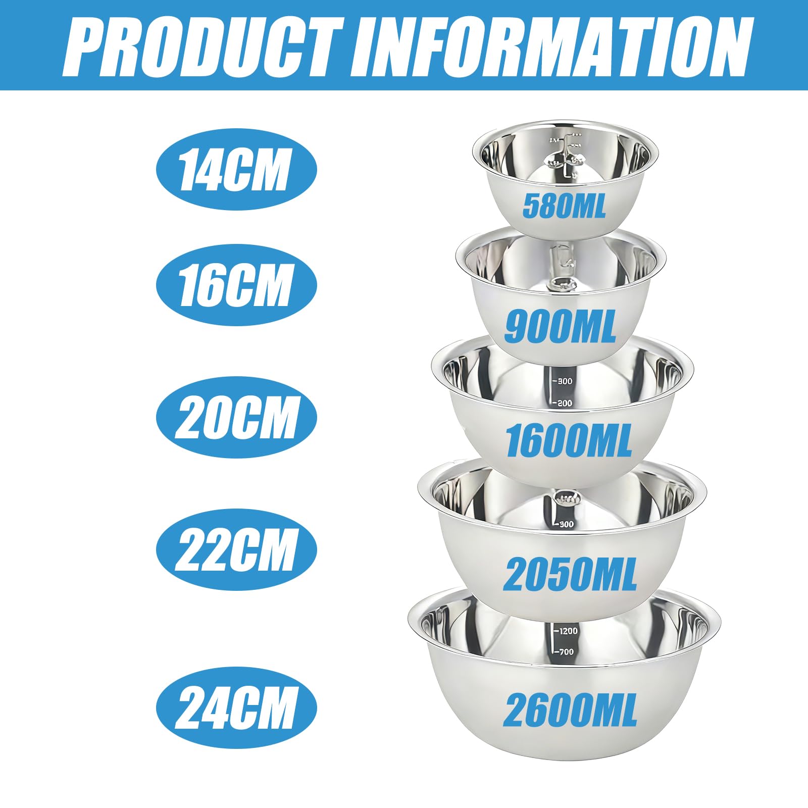 Lot De 5 Cul De Poule Inox: Saladiers En Acier Inoxydable En 5 Tailles, Bol Inox Cuisine Bowl De Mélange, Empilables Et Lavables Au Lave-Vaisselle Idéal Pour La Cuisine, Pâtisserie Et Stockage