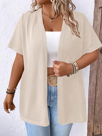 Yesfashion Women's Plus Size Open Front Cardigan Sweater Lightweight Causl Half Sleeve Solid Cropped Knit Sweater 1X-5X