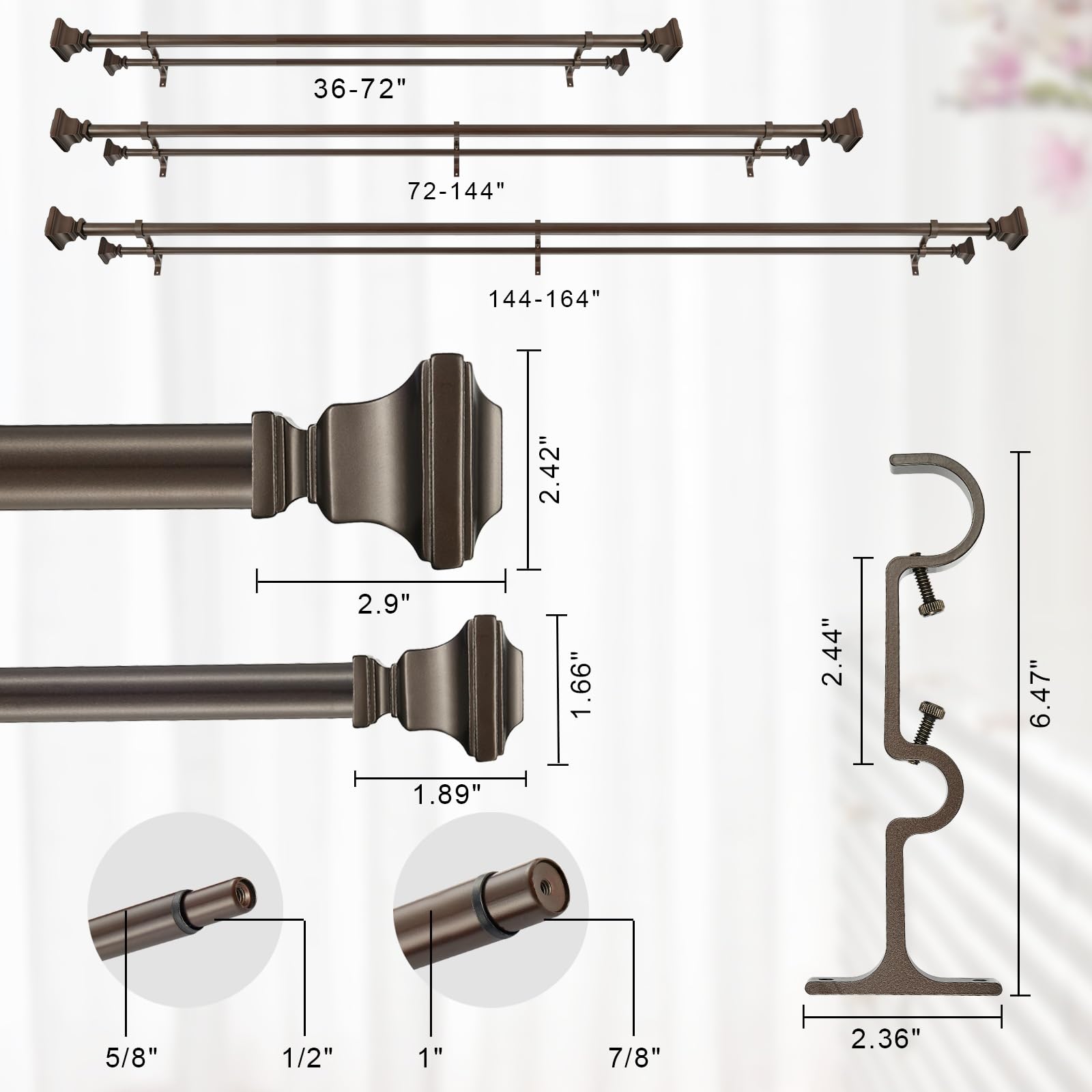 Snapklik.com : Double Curtain Rod, 1 Inch Adjustable Heavy Duty Drapery