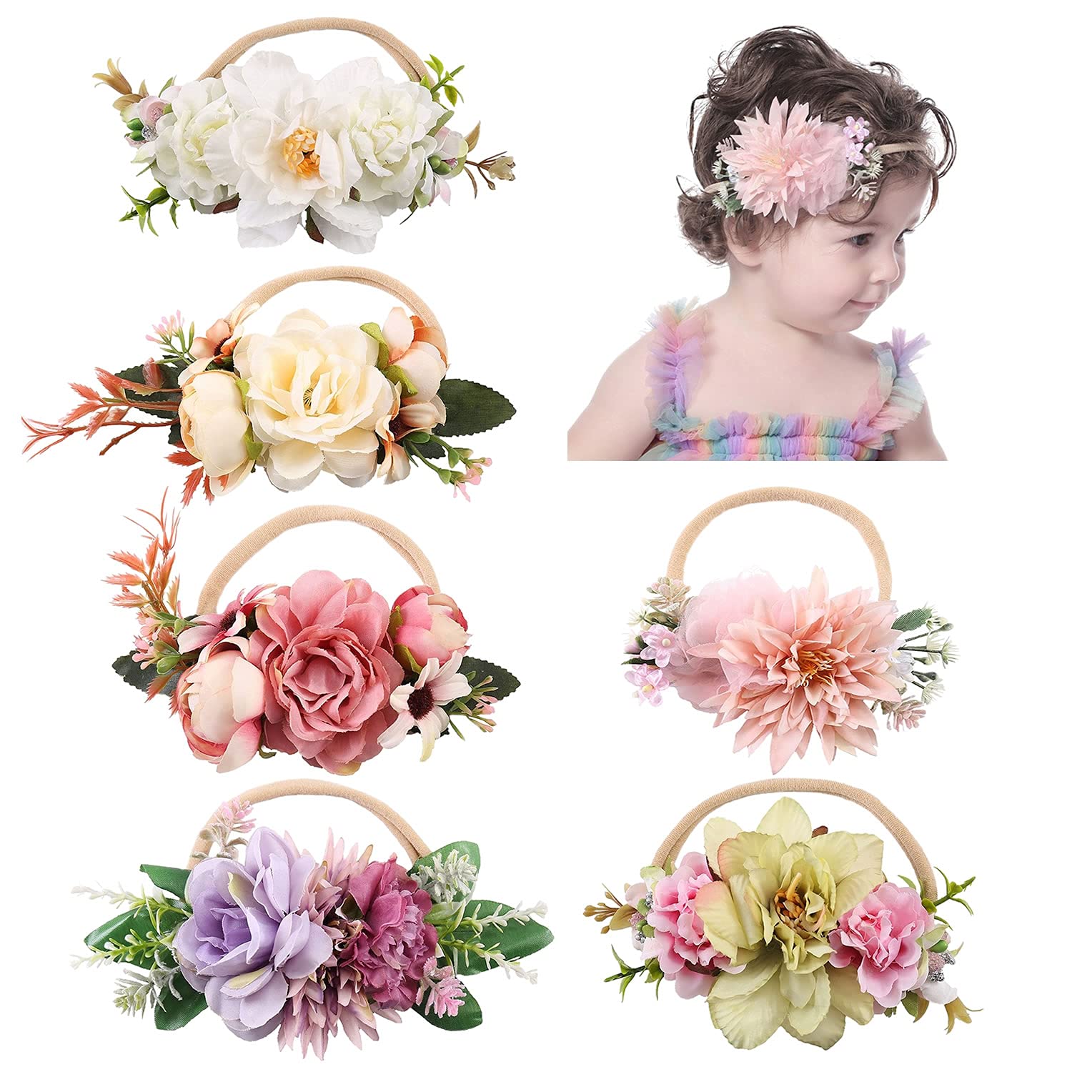 Cinaci 6 Pack Delicate Floral Rose Daisy Flower Super Stretchy Soft Nylon Headbands Hair Bands Accessories for Baby Girls Newborns Infants Toddlers
