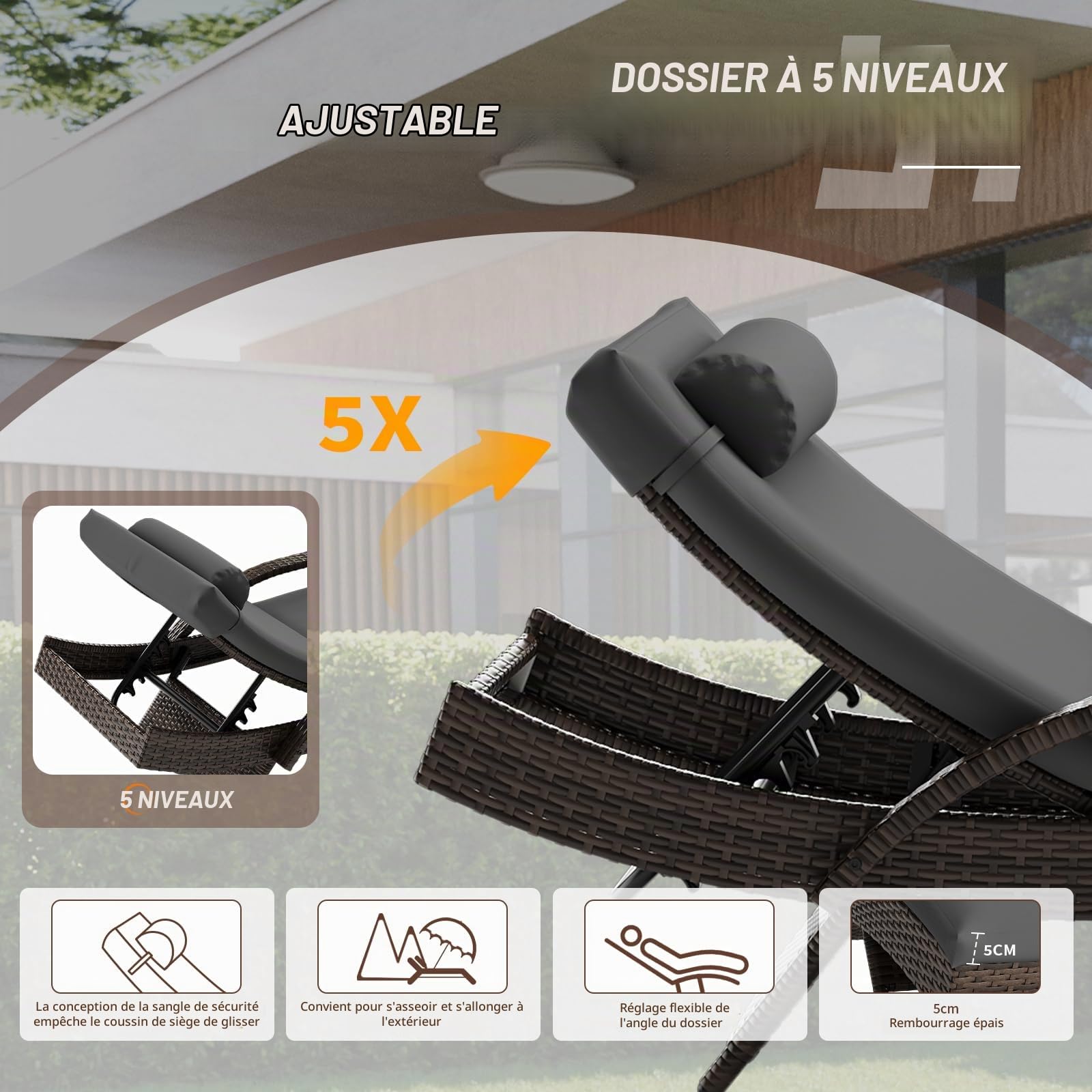 UDPATIO Transat Jardin Exterieur - Chaise Longue Bain de Soleil en Résine Tressée, Dossier Réglable 5 Positions, Fauteuil de Jardin avec Coussin et Appuie-tête, pour Jardin, Terrasse et Balcon, Marron