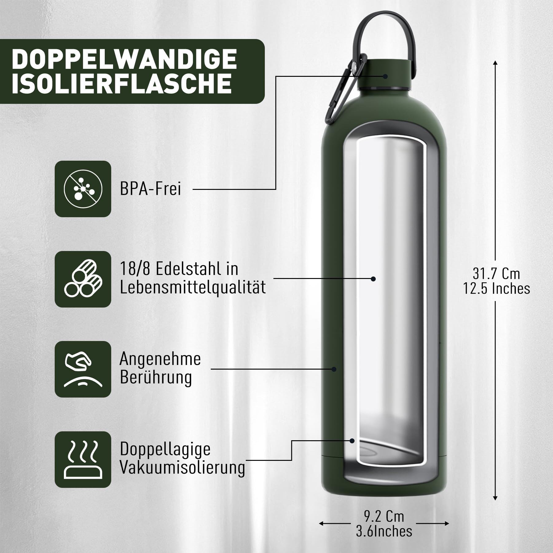 Exllena Trinkflasche Edelstahl mit Griff & Karabiner–500ml/750ml/1L/1,5L isolierte Thermosflasche, 100% auslaufsicher und BPA-frei, Wasserflasche thermo für Sport, Büro & Alltag (Kieferngrün,1500ML)