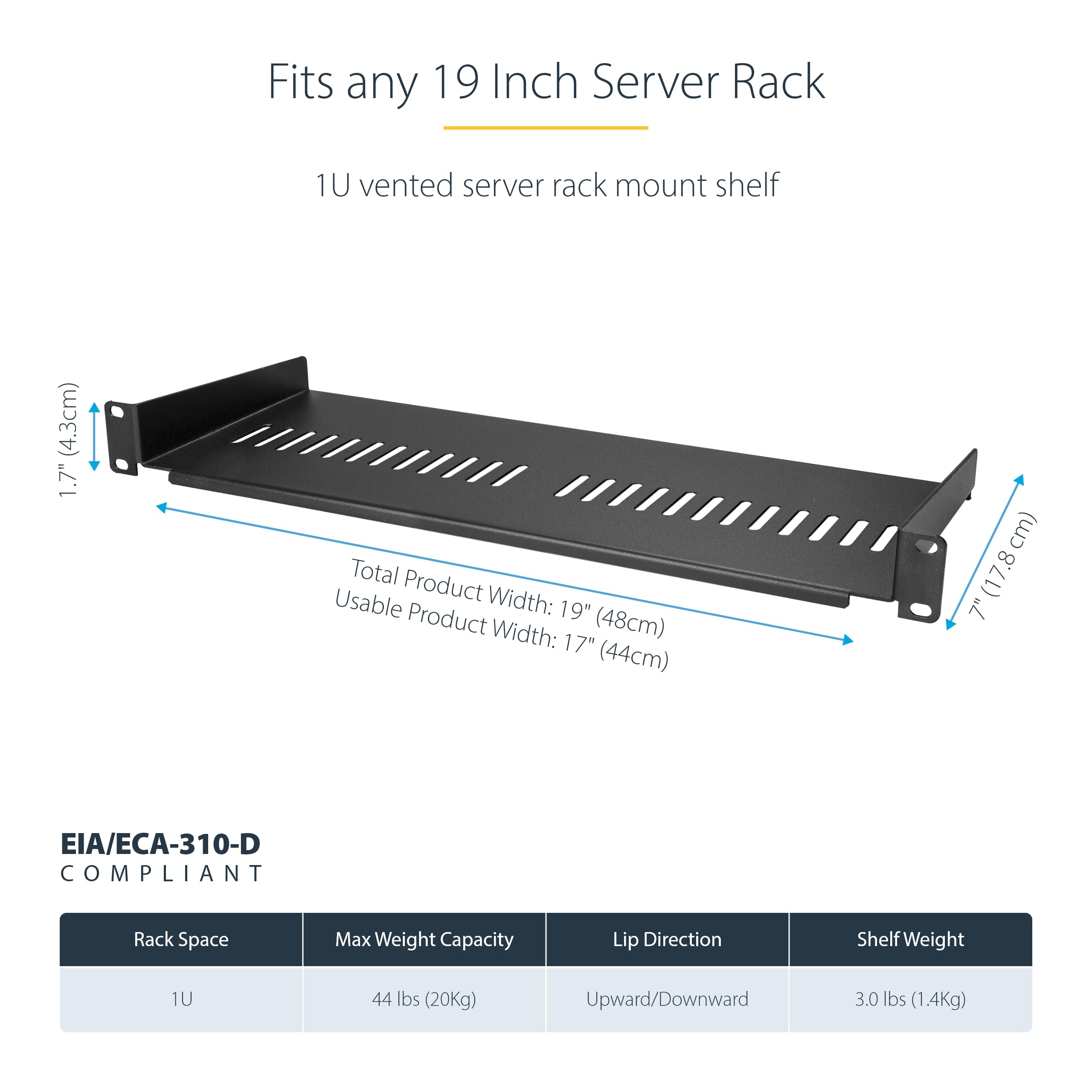 StarTech Ripiano Rack 1U Ventilato 19", 15kg, 18cm, Nero (CABSHELF1U7V) | Acciaio Resistente, Griglia di Ventilazione per Dissipazione del Calore, Compatibile con Armadi di Rete