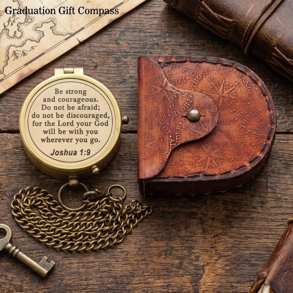 Compass – Brass Directional Vintage Compass Engraved with “Be Strong and Courageous” Joshua 1:9 Bible Verse, Baptism 2026 Communion Christian Inspirational Gifts for Women/Men