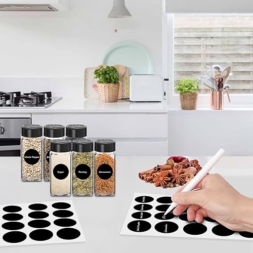 Miniatura 4 de Paquete de 12 tarros de vidrio para especias con etiquetas, recipientes de especias de 4 onzas con tapas negras, recipientes vacíos para especias,