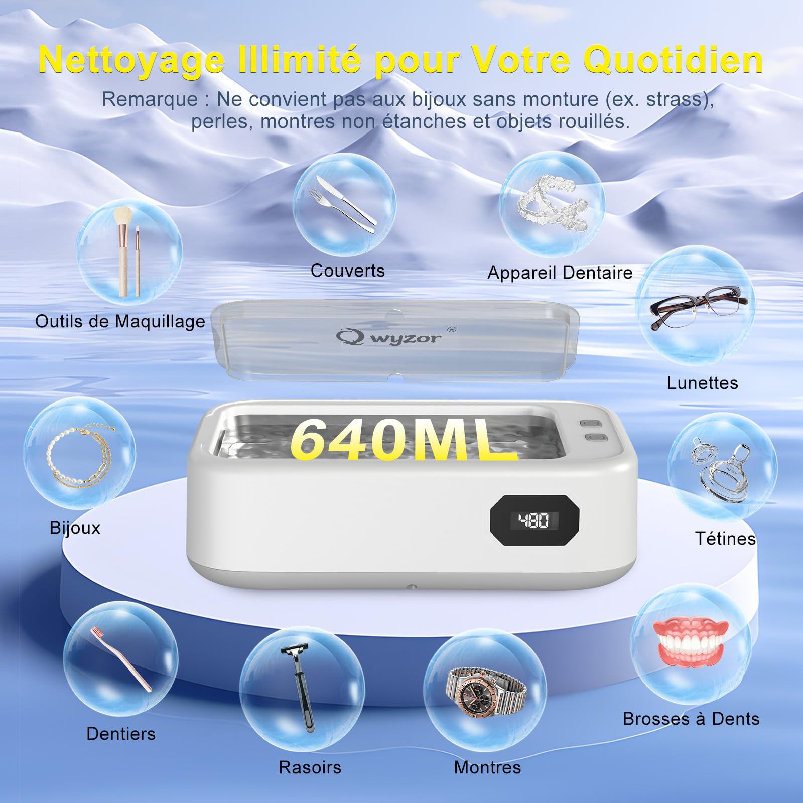 Nettoyeur Ultrasons, 640ml Bac a Ultrason, 49000Hz ultrasonic cleaner avec Écran Numérique, 5 Modes de Nettoyeur Ultrason Bijoux pour Lunettes, Dentiers, Montres, Collier, Monnaie (Bleu) (White)