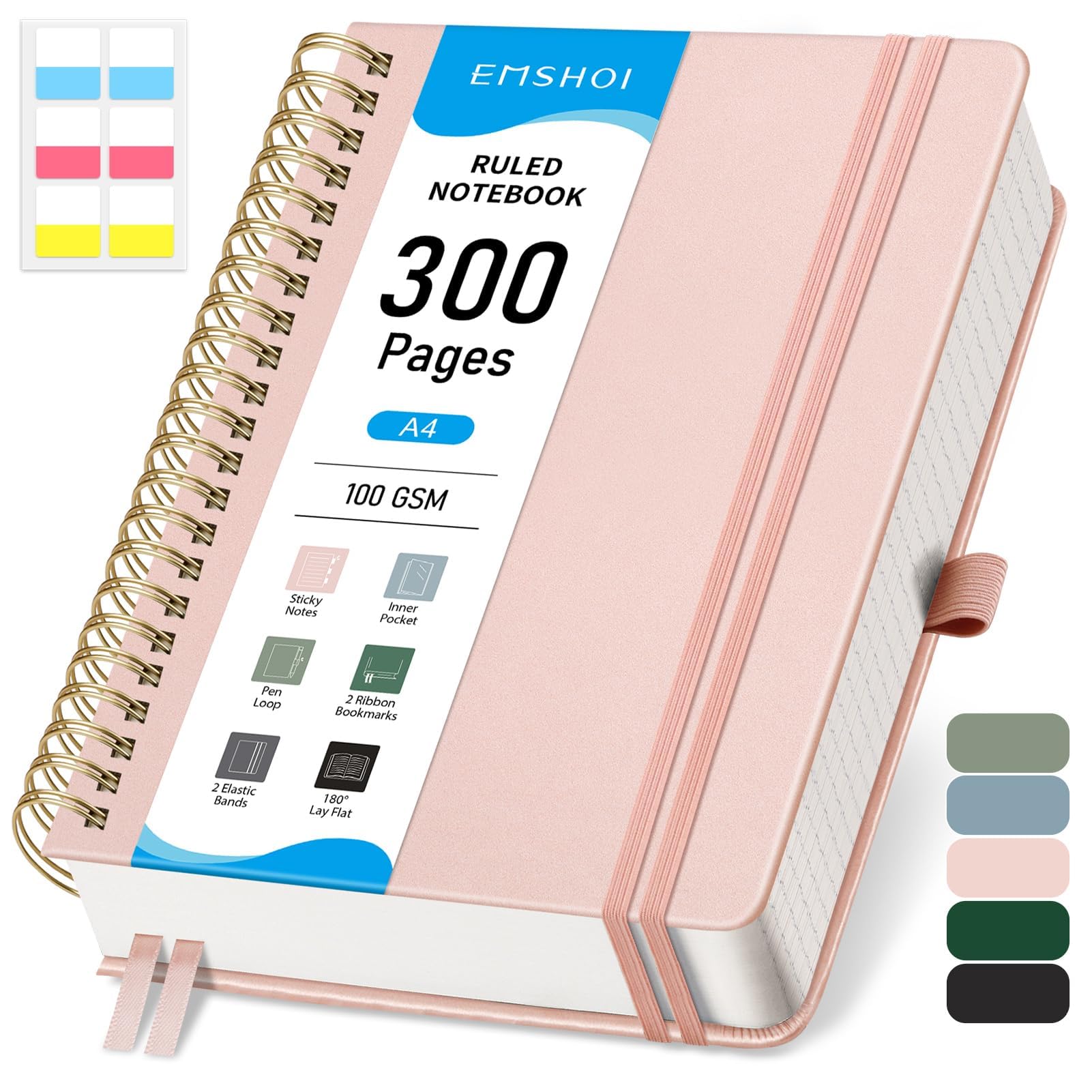 EMSHOI A4 Notebook College Ruled, Spiral Notepad 150 Sheets/300 Pages, 100gsm, HardCover, Sticky Notes, Pocket, Pen Loop