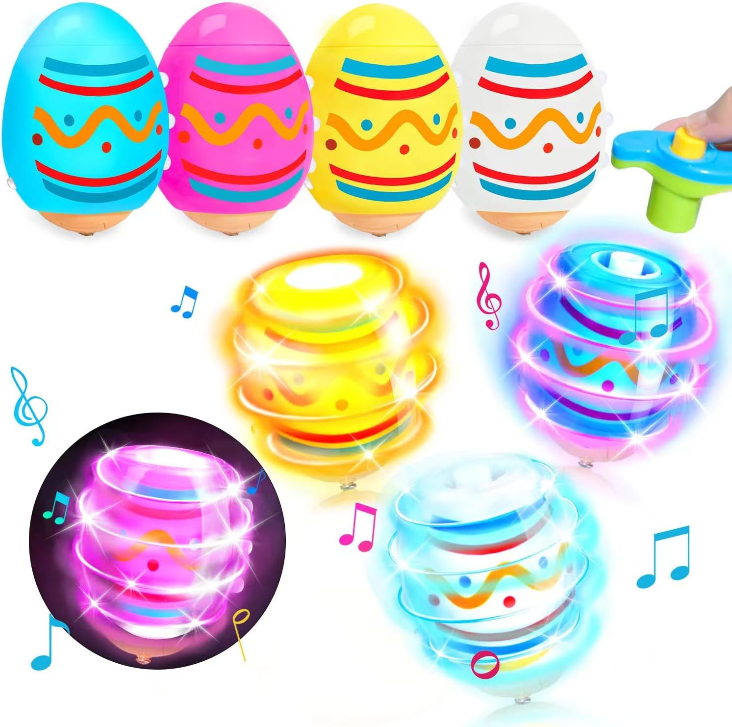 Easter Basket Stuffers for Kids-6 Packs Light Up Spinning Tops Toys with Music Easter Gifts Toys for Kids Toddlers Easter Eggs Fillers Easter Basket Essentials