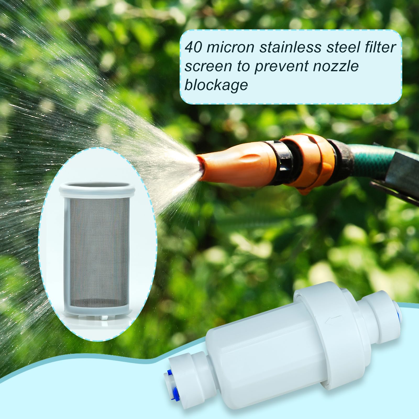 Sistema de nebulización para exteriores, filtro de agua, 2 piezas, filtro inhibidor de calcio para manguera de jardín de 1/4, filtro de agua dura, protector de sistema de nebulización de malla 100
