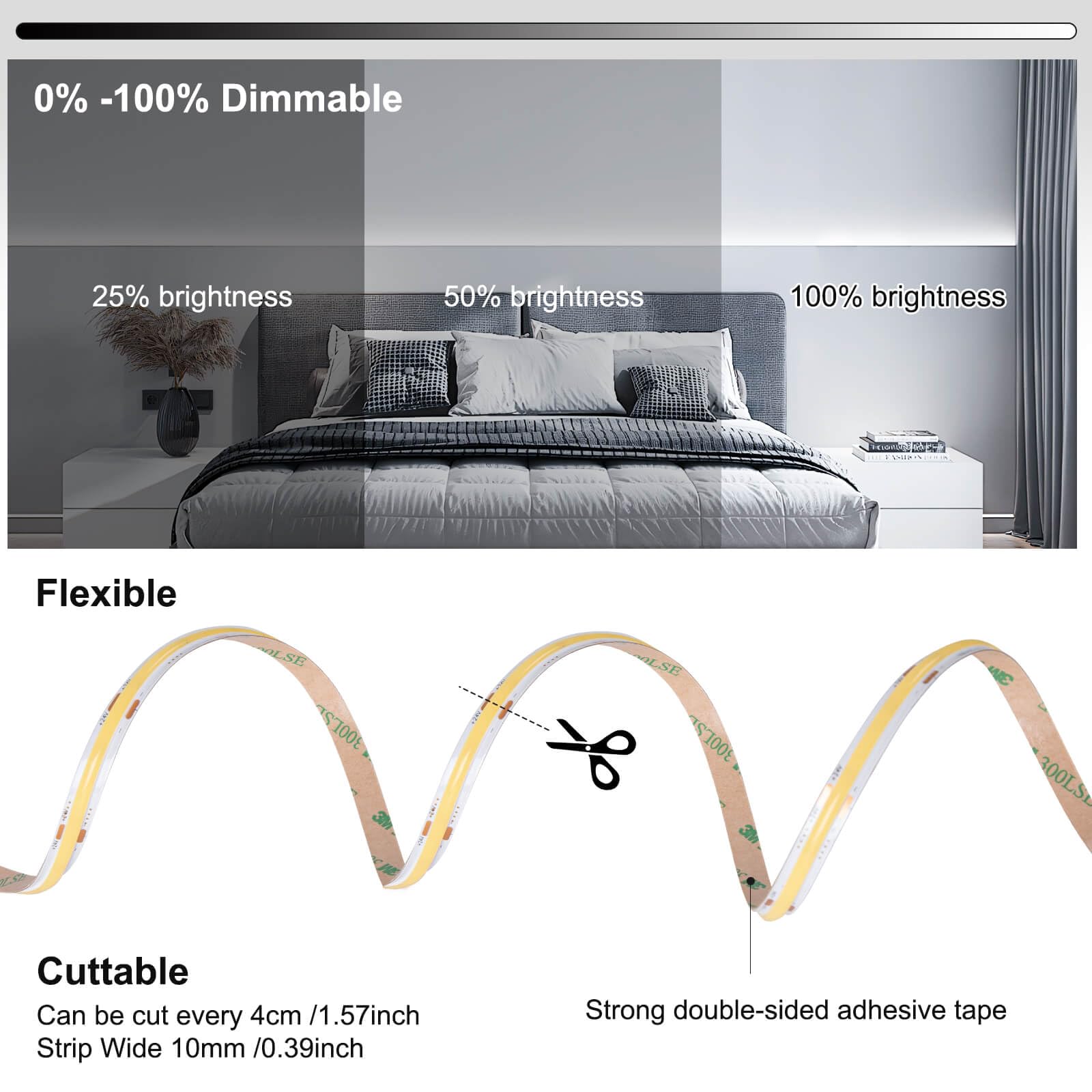 Yeewhale Striscia LED COB da 30 m, dimmerabile, 24 V, set di strisce LED COB flessibili, 6000 K, colore bianco, per decorazione domestica, feste, fai da te, controllo app con telecomando