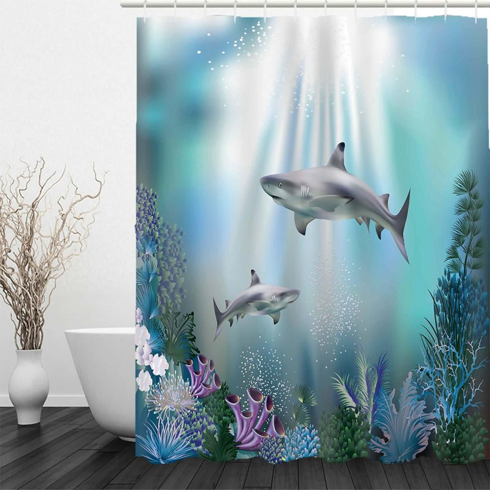 Rideau Douche Tissu Baignoire Lesté Requin sous-Marin Porte sans Perçage Salle Bain Turquoise Comprend 12 Crochets, Antirouille Réglables 220x180cm