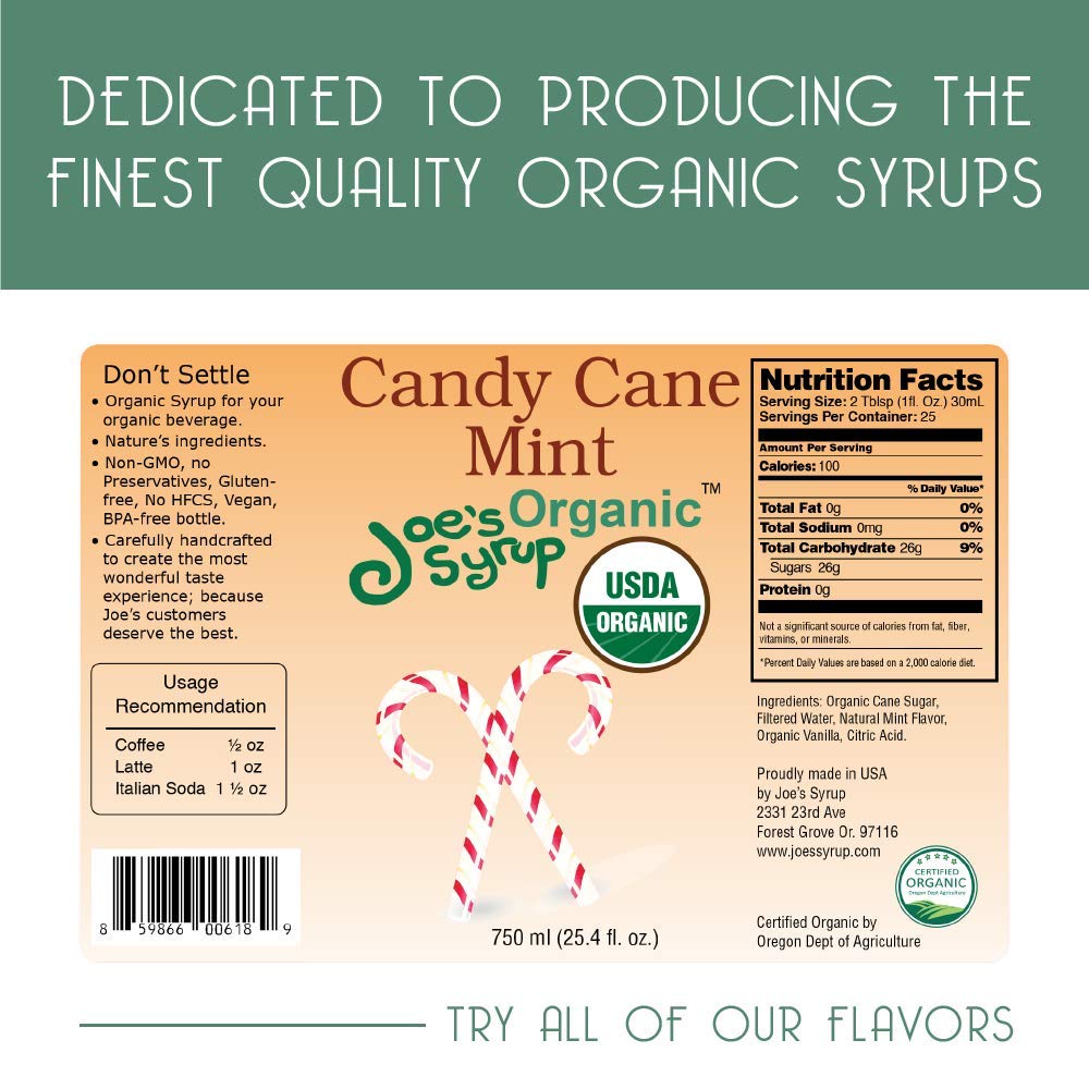 Joe’s Syrup Organic Flavored Syrup, Organic Candy Cane Mint, 750 ml