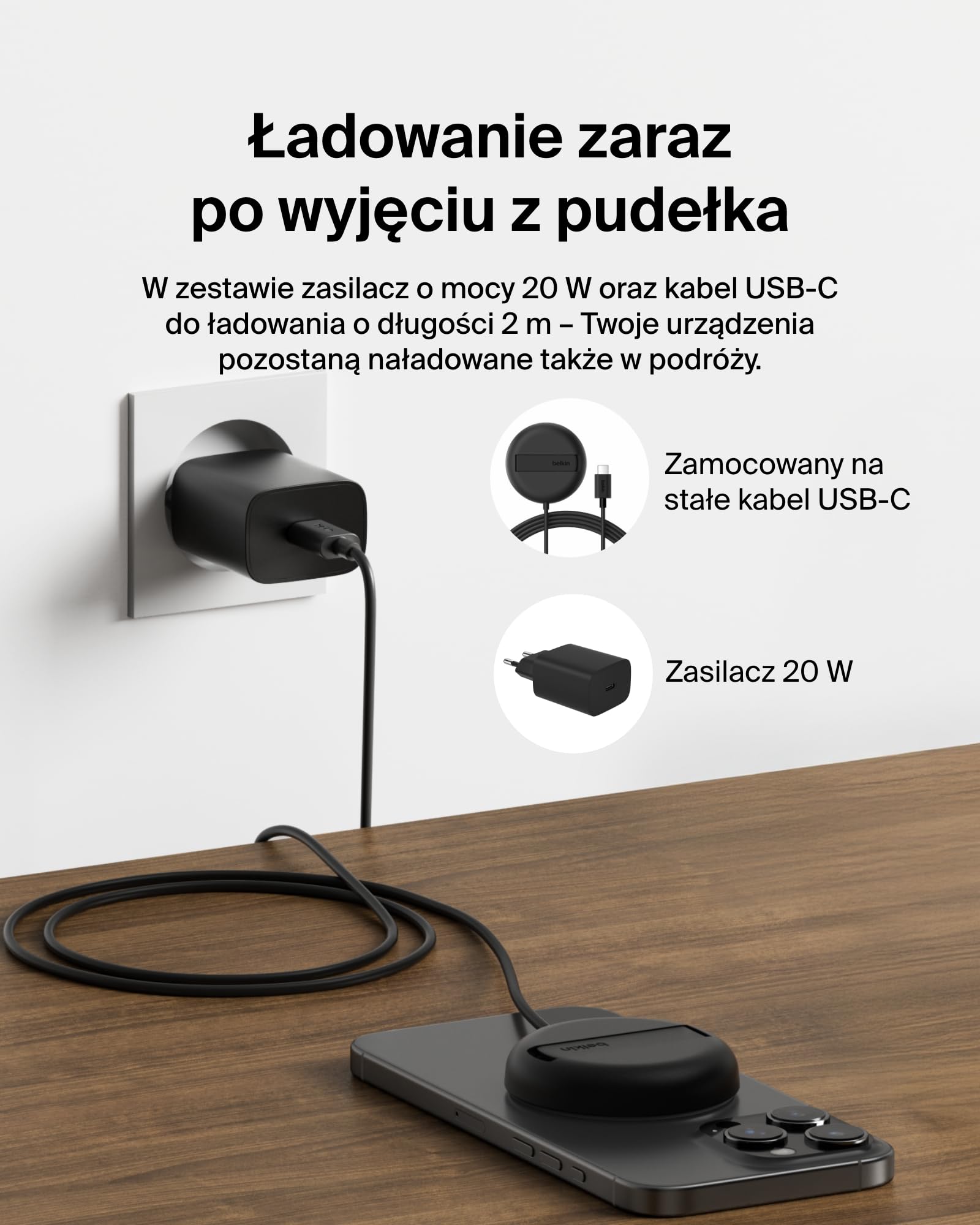 Belkin magnetyczna bezprzewodowa podkładka ładująca 15 W z podstawką – zgodna z MagSafe ładowarka Qi2 do urządzeń iPhone serii 16, Samsung Galaxy serii S25, AirPods zasilacz w zestawie – czarna