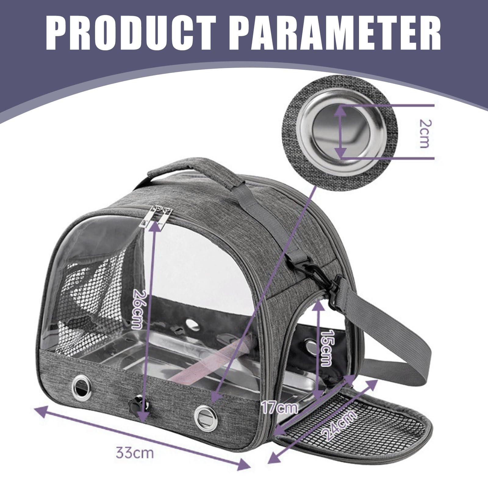 Borsa per uccelli con asta e vassoio in acciaio inox, per il trasporto di uccelli, traspirante, portatile, per pappagallini, piccoli animali, Bird Transport Box (grigio)