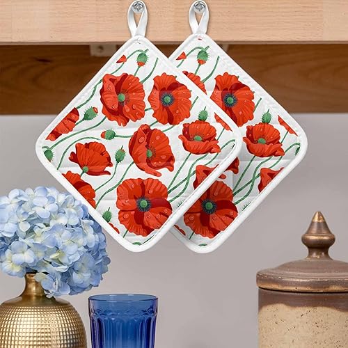 Miniatura 2 de Paquete de 2 soportes para ollas para cocina, flores de amapola naranja, a prueba de calor, con lazo para colgar, soportes para ollas calientes para