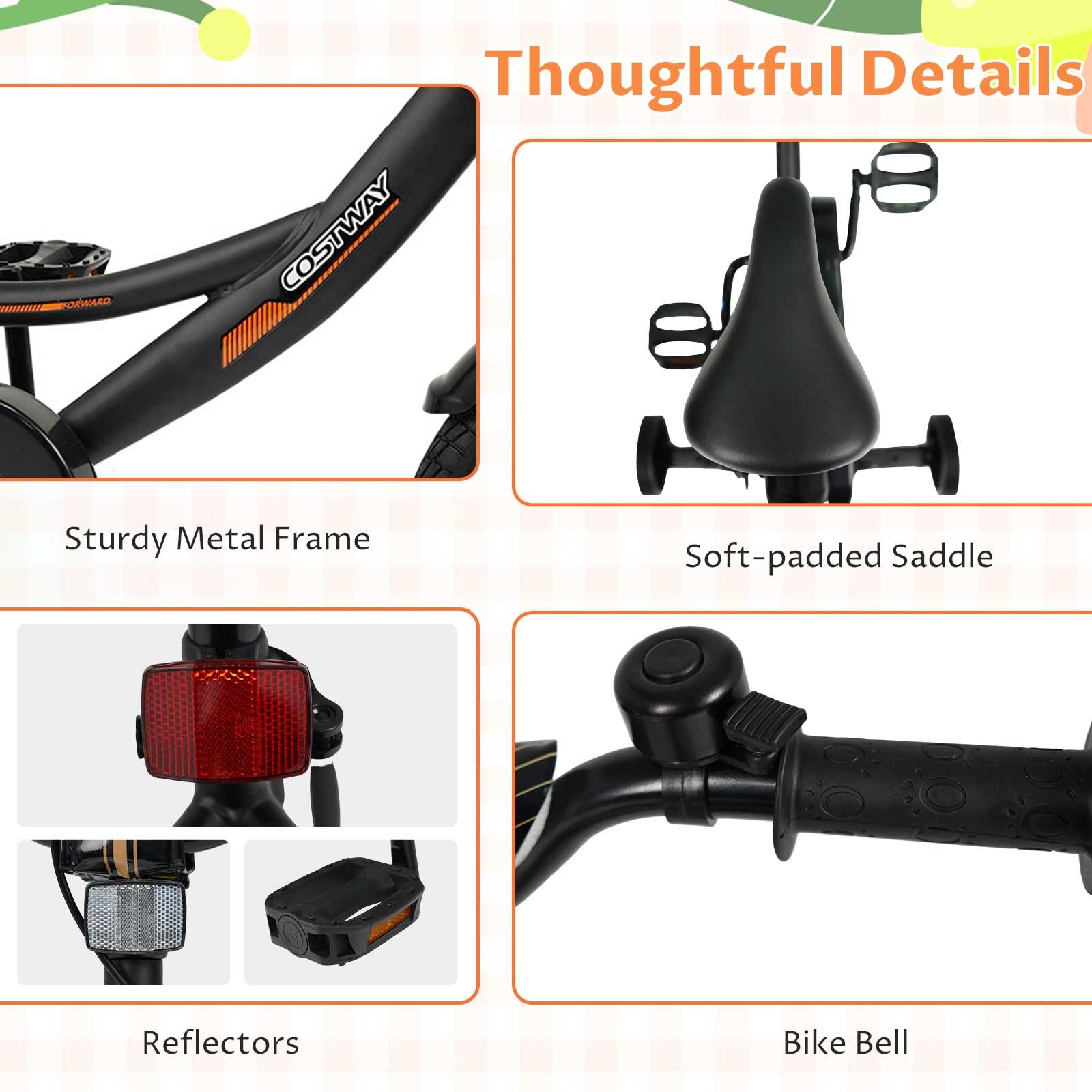 COSTWAY Kids Bike, 12 Inch Toddler Bicycle with Removable Training Wheels, Dual Brakes, Adjustable Seat & Handlebar Height, Girls & Boys Bikes for 3-8 Years Old (Black,12 Inch)