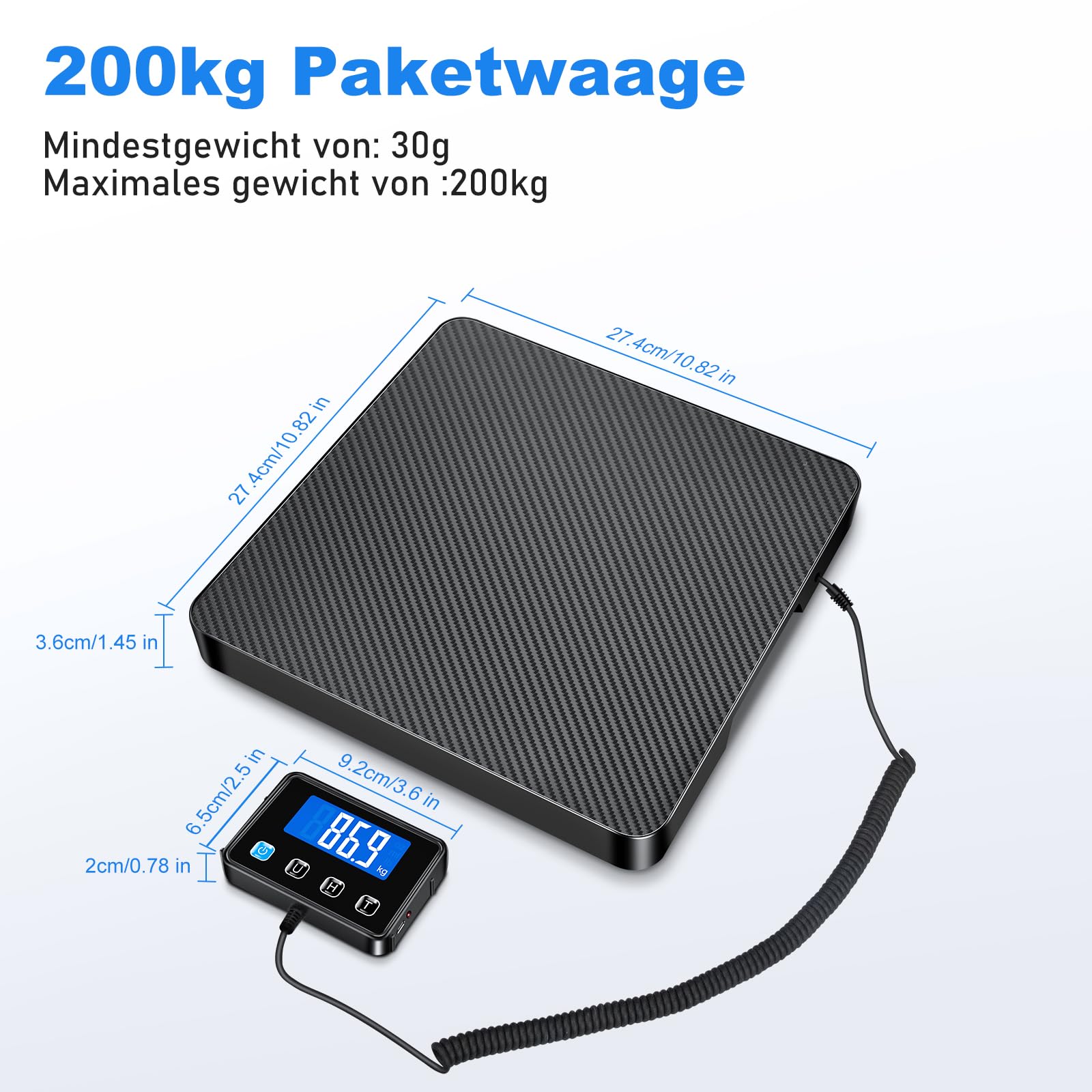 Bilancia Digitale 200 kg/10 g Alta Precisione con Hold/Tara, Visualizzazione LCD
