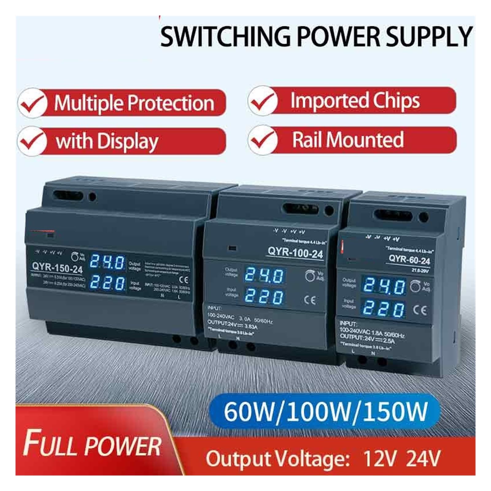 Fuente de alimentación conmutada en carril DIN QYR-60W, 100W, 120W, AC-DC de 12V y 24V con pantalla Digital Industrial for tira de luces LED(24V,150W)