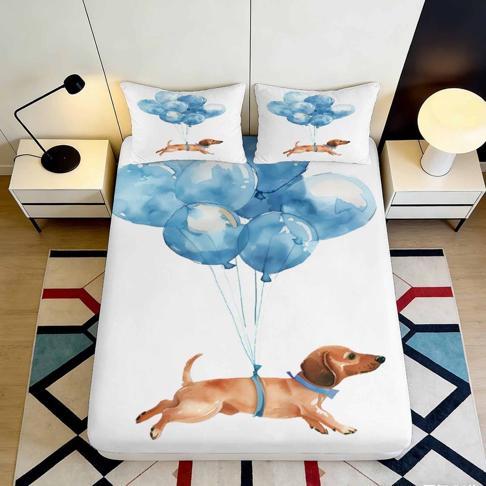 3D Printed Blue Balloon Dachshund Fitted Sheet Microfiber Soft Bed Cover for Bedroom Guest Room Mattress Protection 90x200x25cm