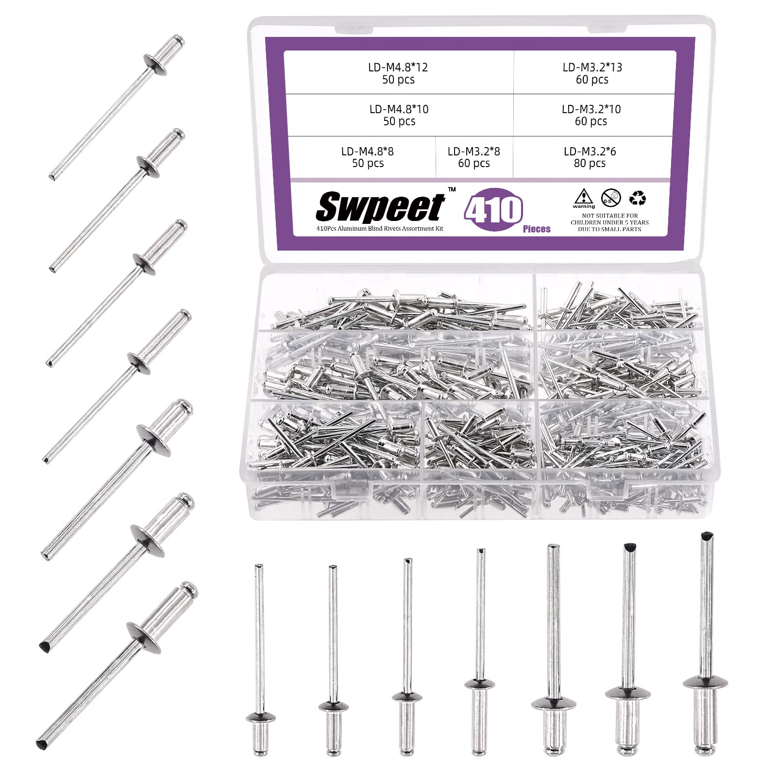 Swpeet 410Pcs 1/8" 3/16" Large Flange Blind Rivets Kit, Pop Rivets Open End Type Pop Rivet for Indoor and Outdoor Use