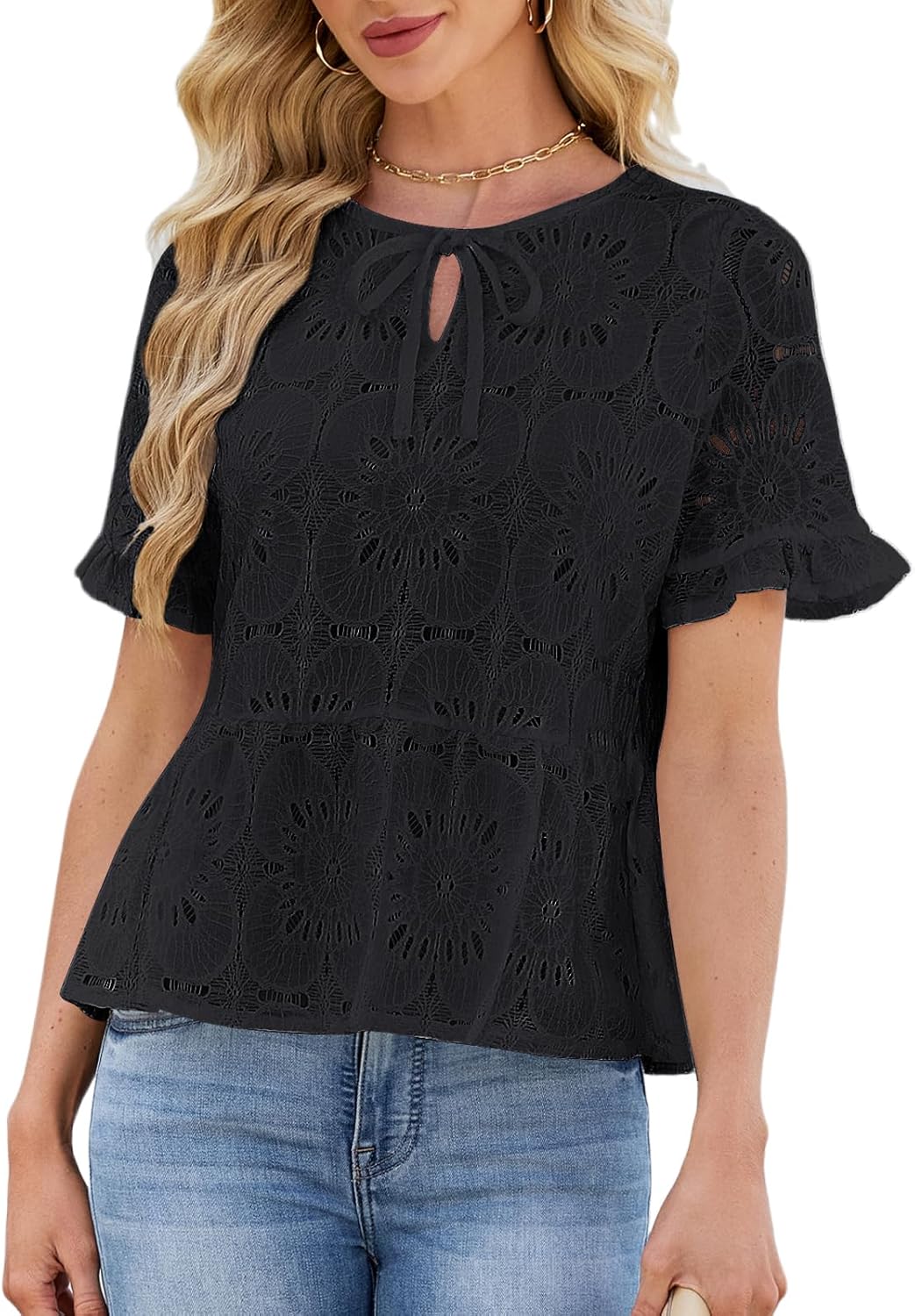 VIMPUNEC Womens Dressy Casual Blouses Summer Eyelet Peplum Shirts Short Sleeve Crochet Lace Tops