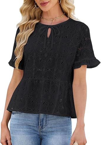 VIMPUNEC Womens Dressy Casual Blouses Summer Eyelet Peplum Shirts Short Sleeve Crochet Lace Tops