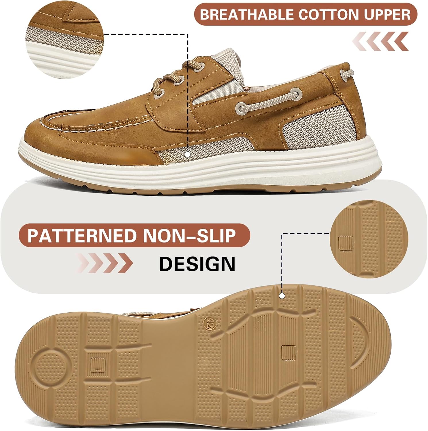 Men's Casual Loafers Lace-Up Slip On Shoes with Arch Support, Boat Shoes with Slightly Wider Fit, Walking Dress Shoes Lightweight Non-Slip for Indoor & Outdoor