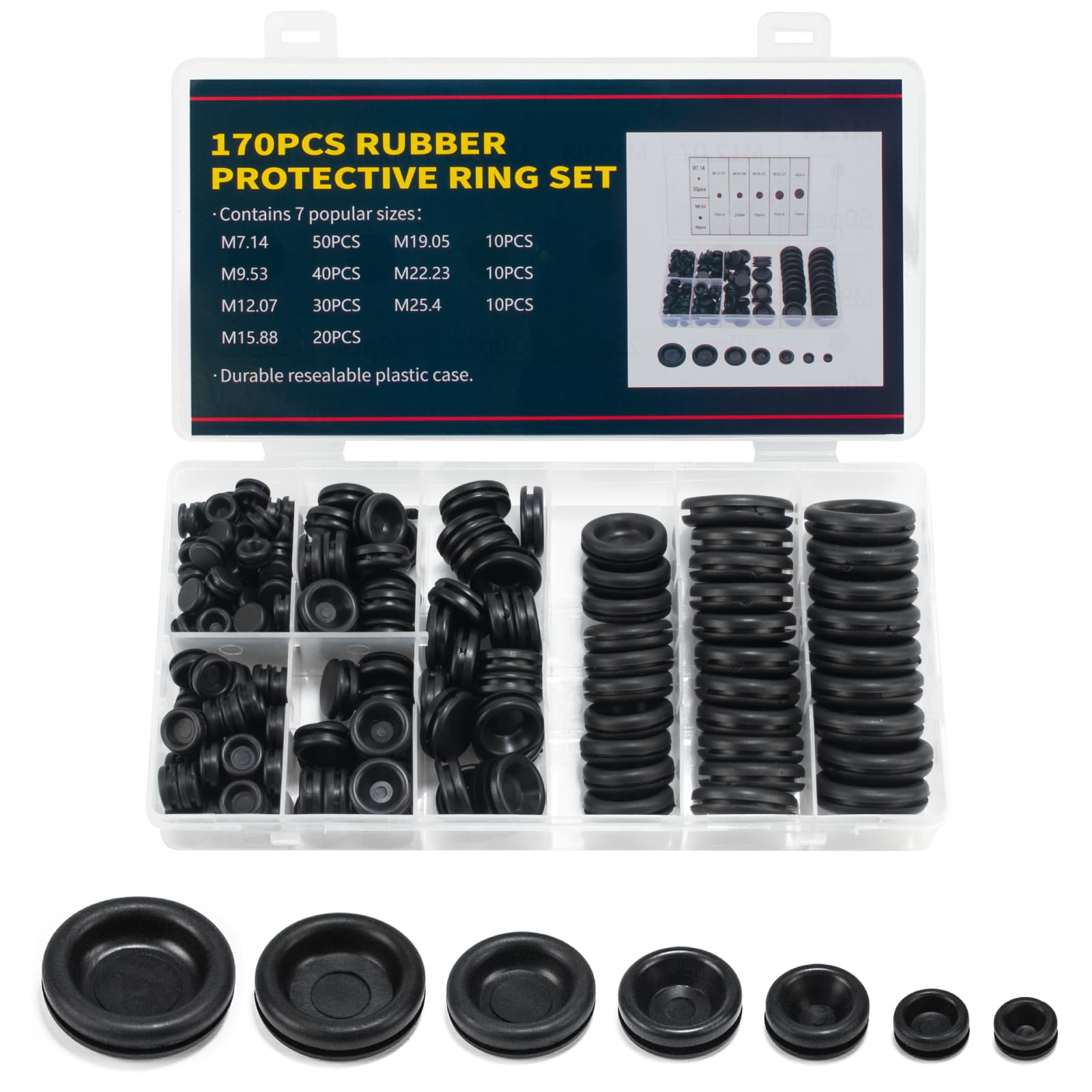 170 PcsRubber Grommets for Cables, Electric Rubber Grommet Kit, Rubber Hole Plug Assortment, Black Plastic Hole Plugs Electrical Wire Gaskets for Car Pump Cables Wiring Electrical Conductor