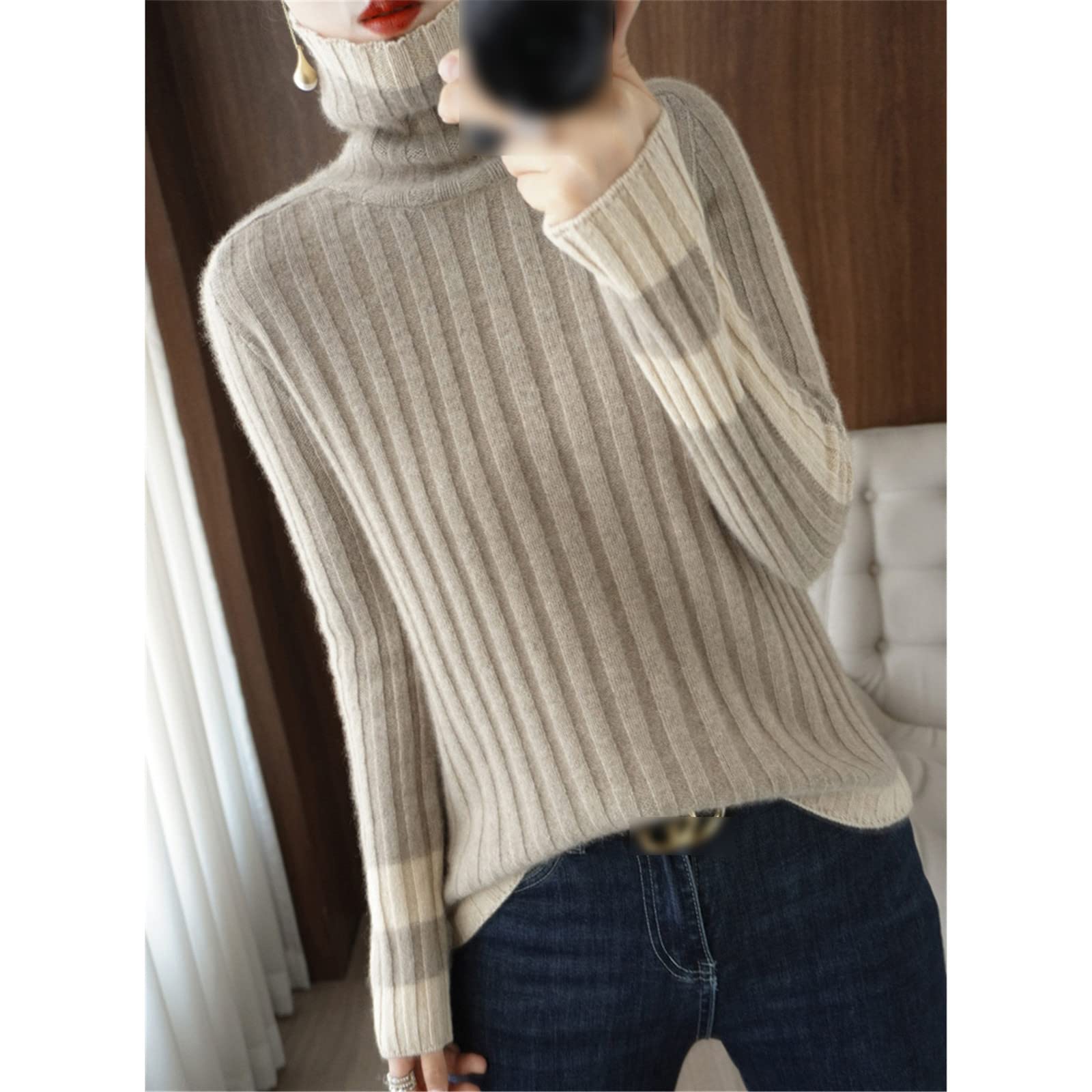 Kelsiop Maglione di cachemire Dolcevita da donna Color-Blocking 100% Lana Pullover Moda Caldo Maglia Bottoming Shirt
