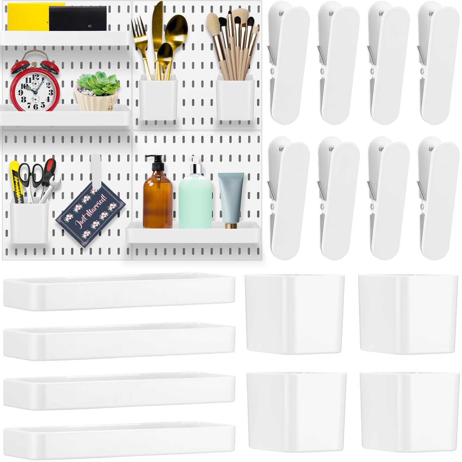 Suzile 16 Pcs Pegboard Wall Organizer Pegboard Combination Kit Including 4 Storage Bins 4 Square