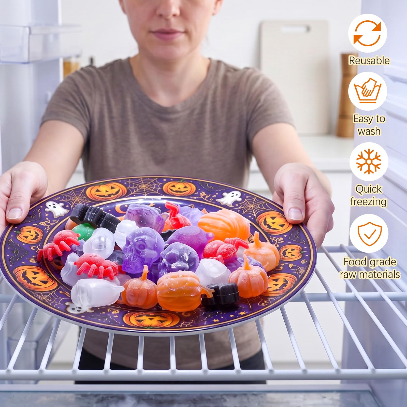 Meanplan Wiederverwendbare Halloween-Eiswürfel für Getränke, wiedergefrierbar, Kunststoff, wiederverwendbar, Kürbis, Spinne, Zauberer, Hut, Geister, Form, Würfel für Dekoration, nicht schmelzen, für