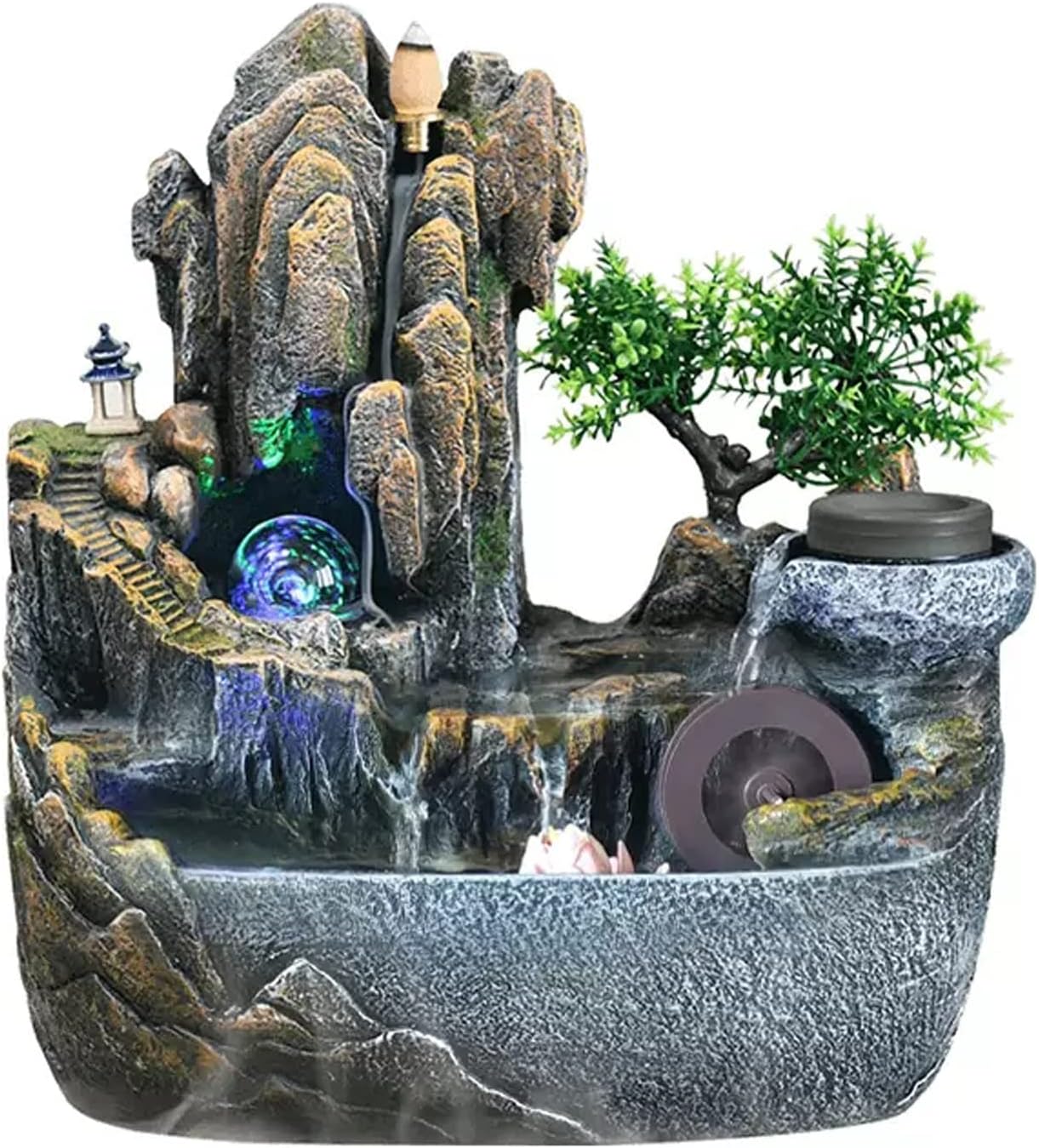 Tabletop Fountains Tabletop Water Fountain with Cascading Rock Waterfall and Rockery Stream Zen Meditation Indoor Waterfall Feature with Automatic Pump for Home Office Bedroom Desk Decoration Relaxati