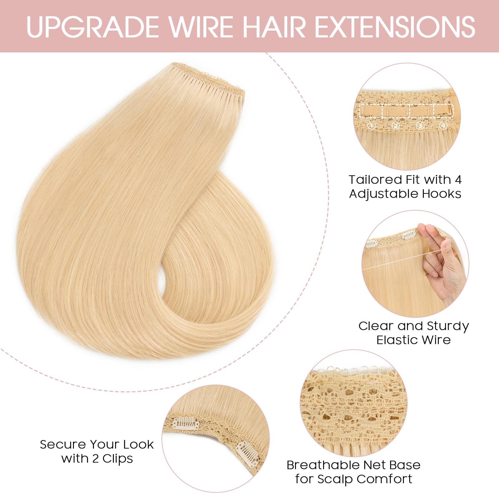 Silk-co Secret Wire In Hair Extensions With Clip Invisible Remy Human Hair One Piece Straight Natural Invisible Adjustable Secret Wire Hairpiece Extensions 12 Inch-55g #60 Platinum Blonde - Image 2