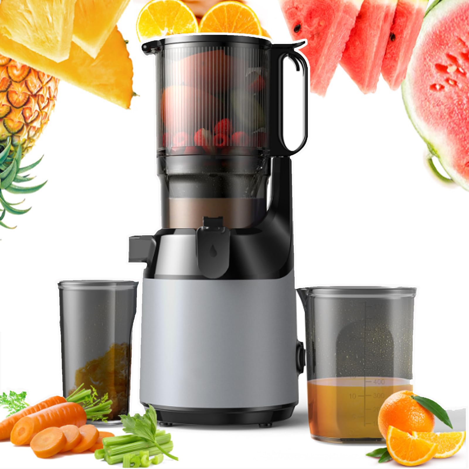 Exprimidor de prensa en frío lento, canal de alimentación de 130 mm de ancho, exprimidor eléctrico lento, para frutas y verduras enteras, fácil de limpiar