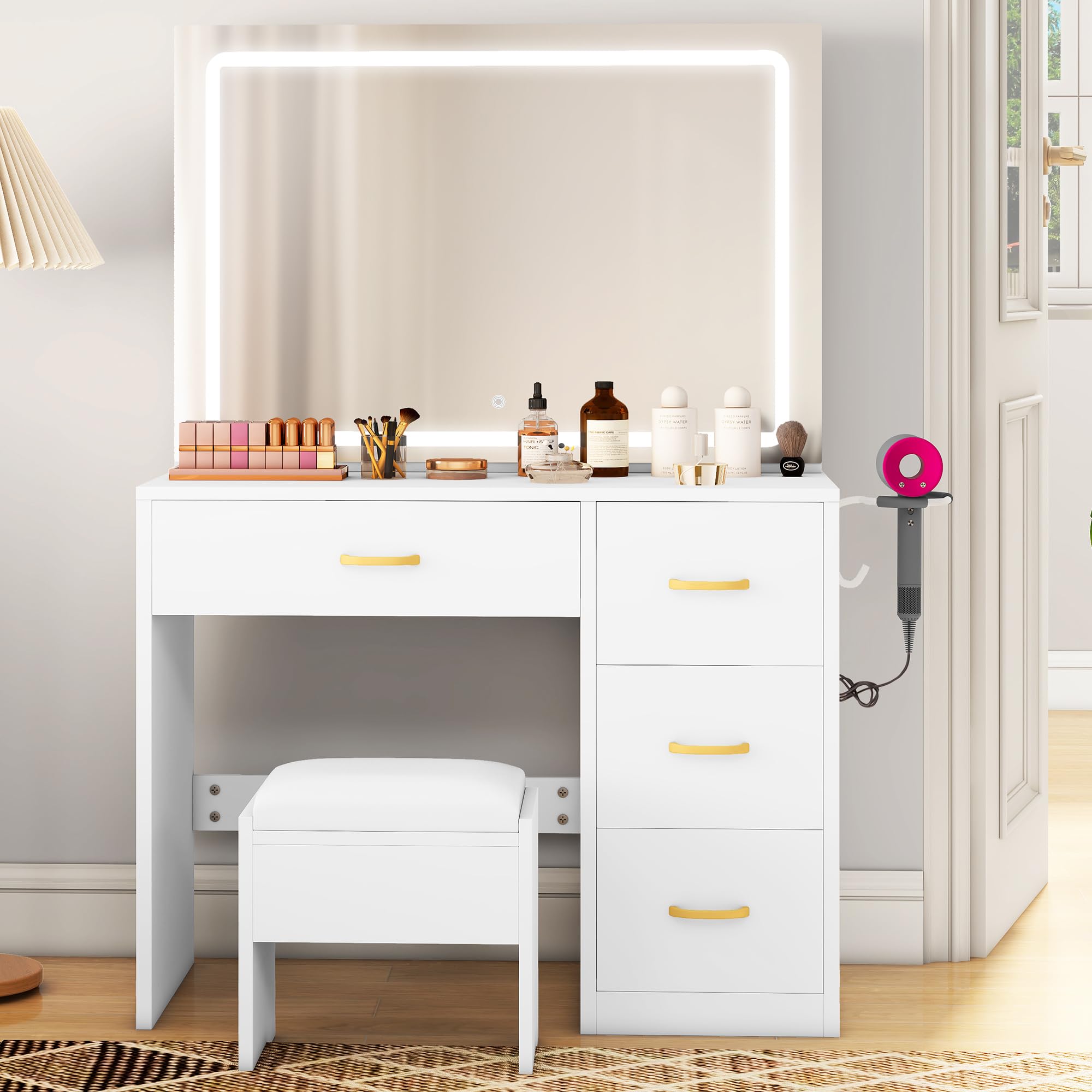 YITAHOME Tocador con iluminación LED Ajustable y tocadores, tocador con Espejo, 4 cajones y Taburete, Blanco