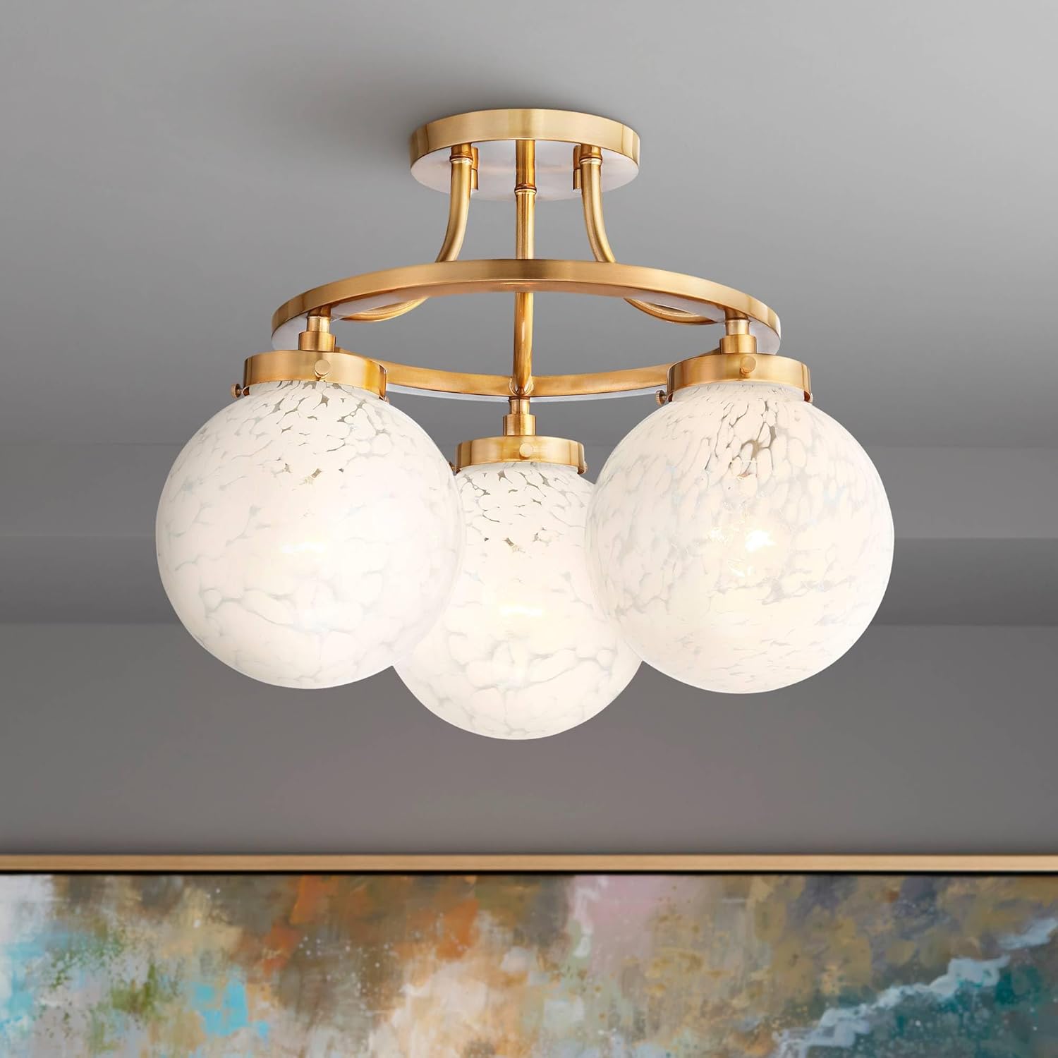 Possini Euro Design Candida Mid-Century Modern Ceiling Light Semi Flush Mount Fixture Mid-Century Modern Warm Aged Brass 16 1/2" 3-Light Art Glass Globe Shade Bedroom Kitchen Living Room Hallway
