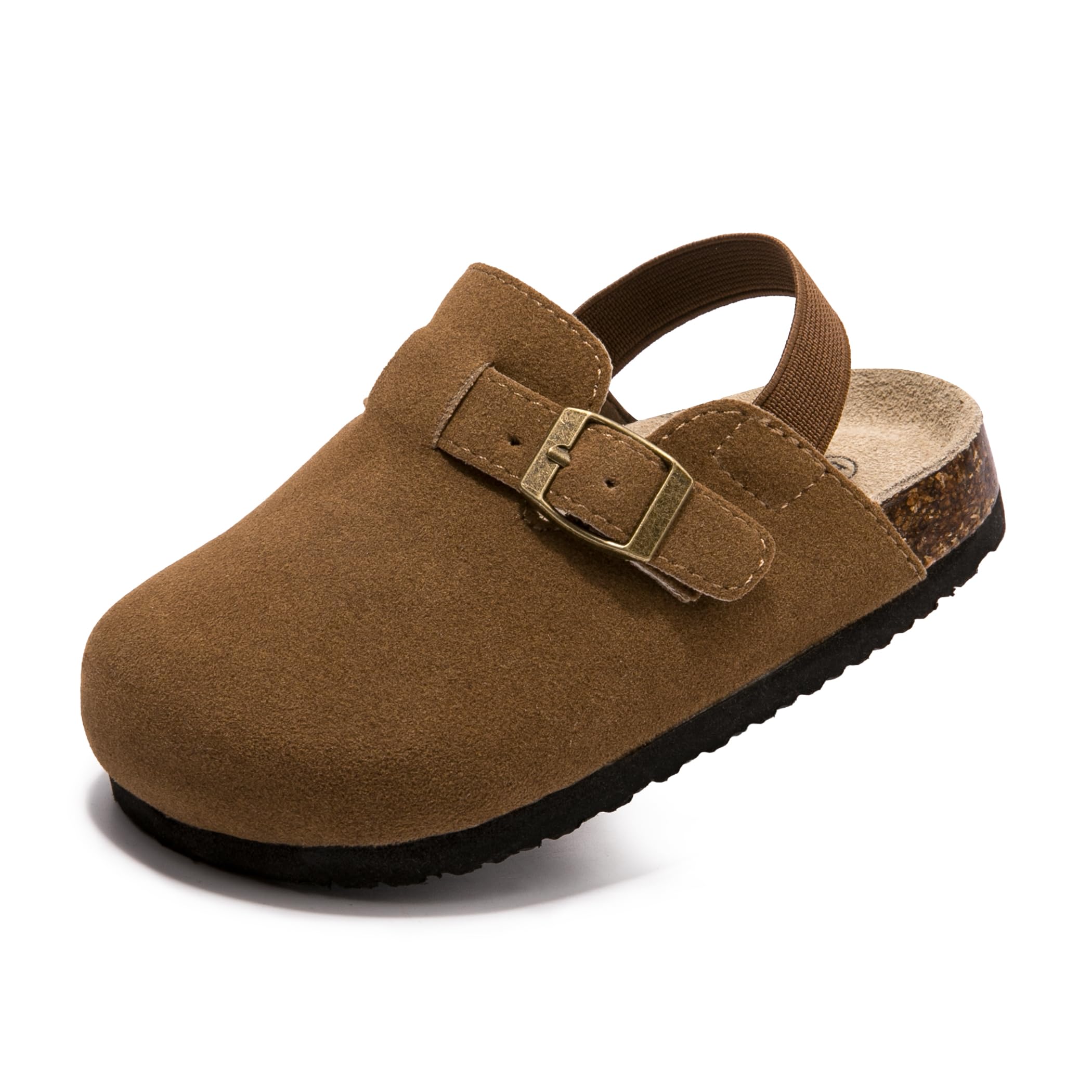 Soft Suede Kids Clogs for Toddlers - Adjustable Buckle Slip-On Mules for Boys & Girls, Featuring Cork Footbeds & Leather Details, Stylish &